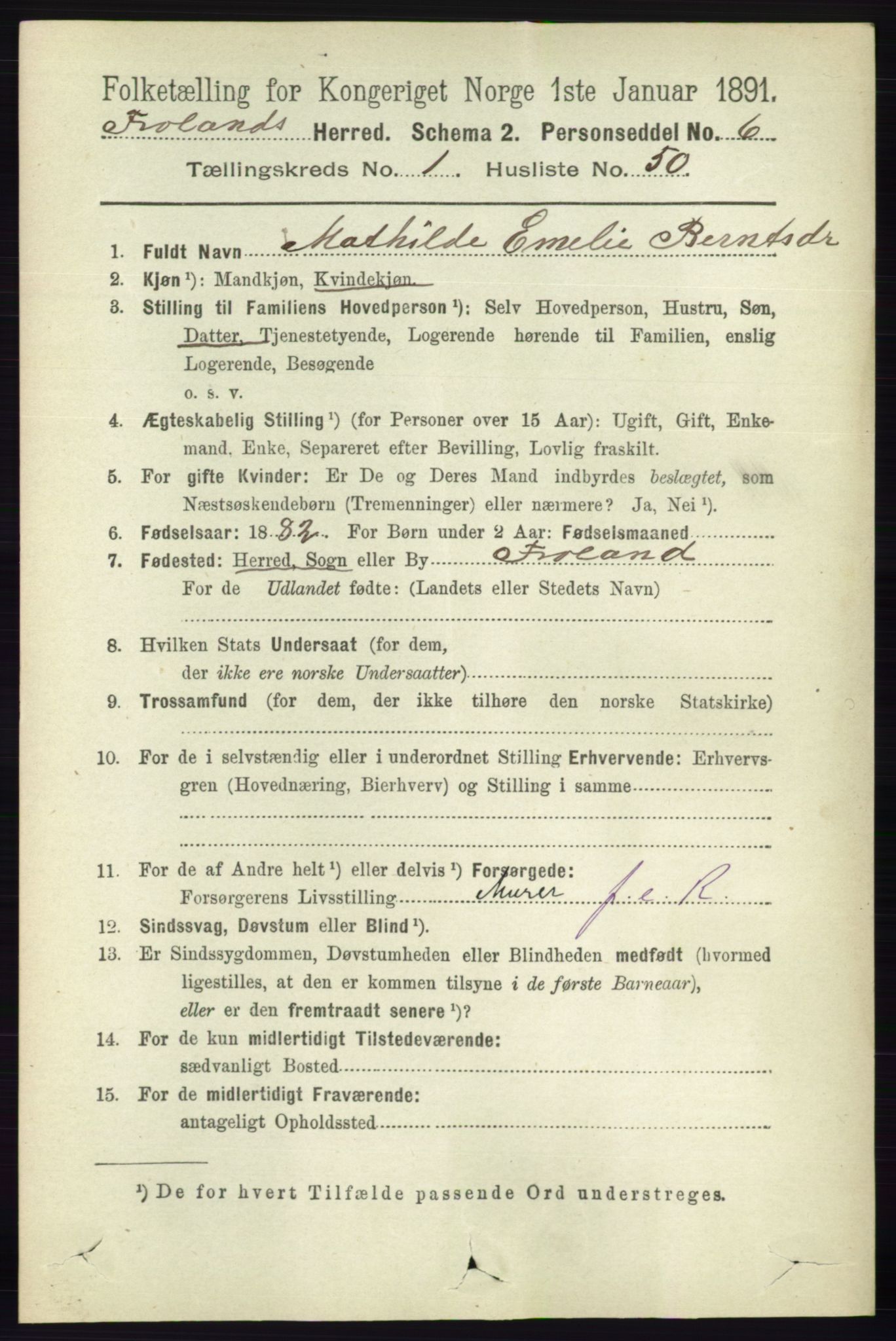 RA, 1891 census for 0919 Froland, 1891, p. 397