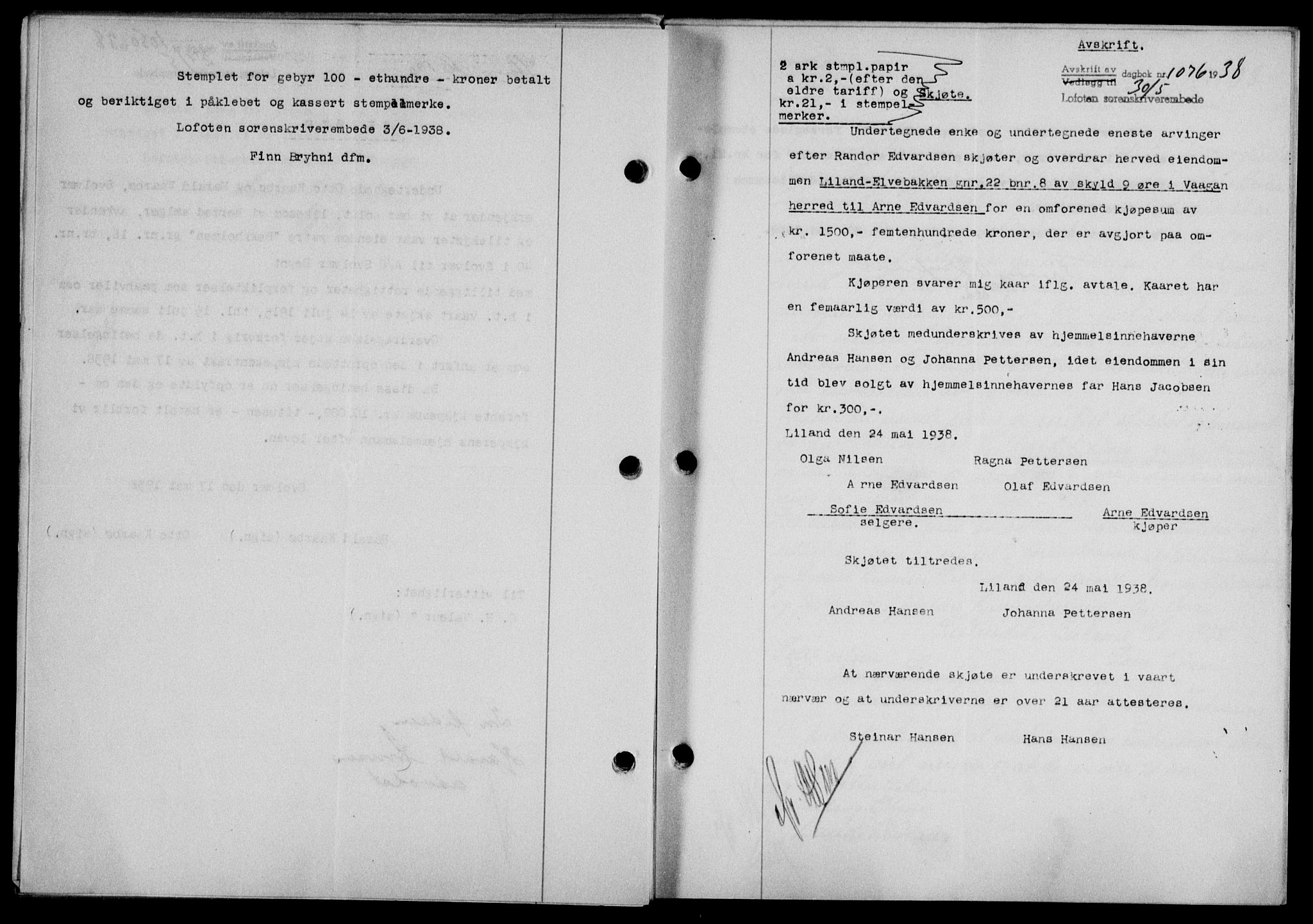 Lofoten sorenskriveri, SAT/A-0017/1/2/2C/L0004a: Mortgage book no. 4a, 1938-1938, Diary no: : 1076/1938