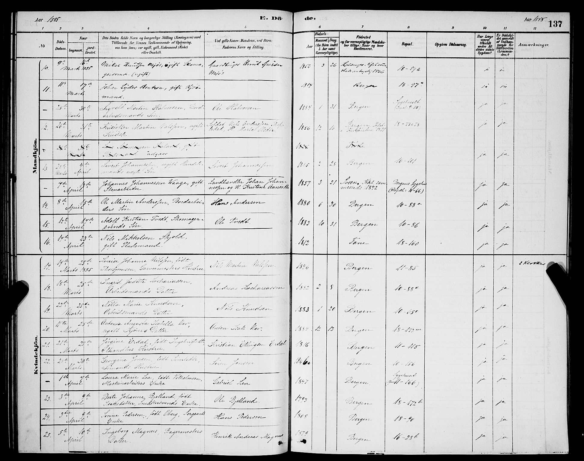Domkirken sokneprestembete, SAB/A-74801/H/Hab/L0041: Parish register (copy) no. E 5, 1878-1900, p. 137