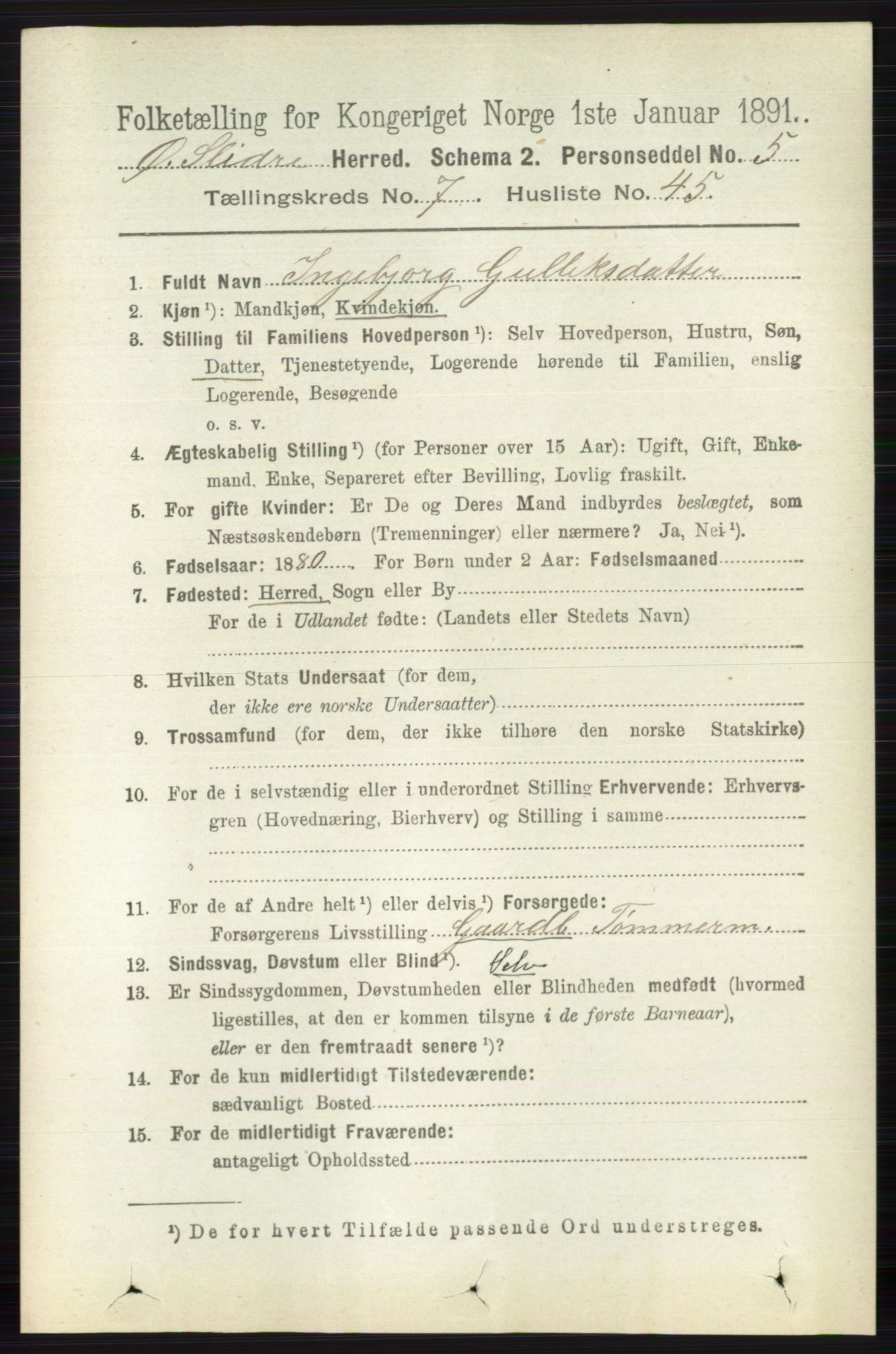 RA, 1891 census for 0544 Øystre Slidre, 1891, p. 2419