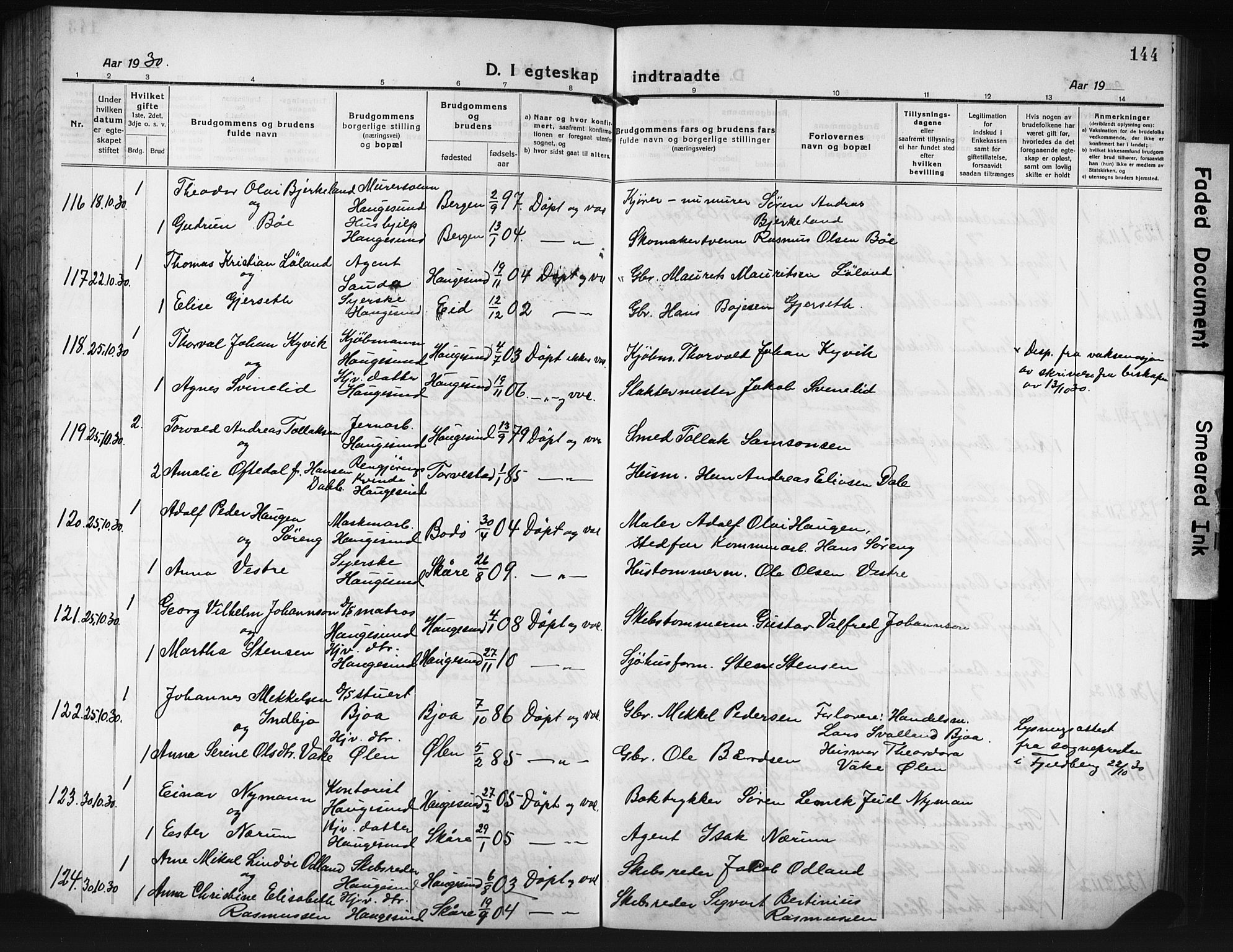 Haugesund sokneprestkontor, AV/SAST-A -101863/H/Ha/Hab/L0010: Parish register (copy) no. B 10, 1920-1931, p. 144