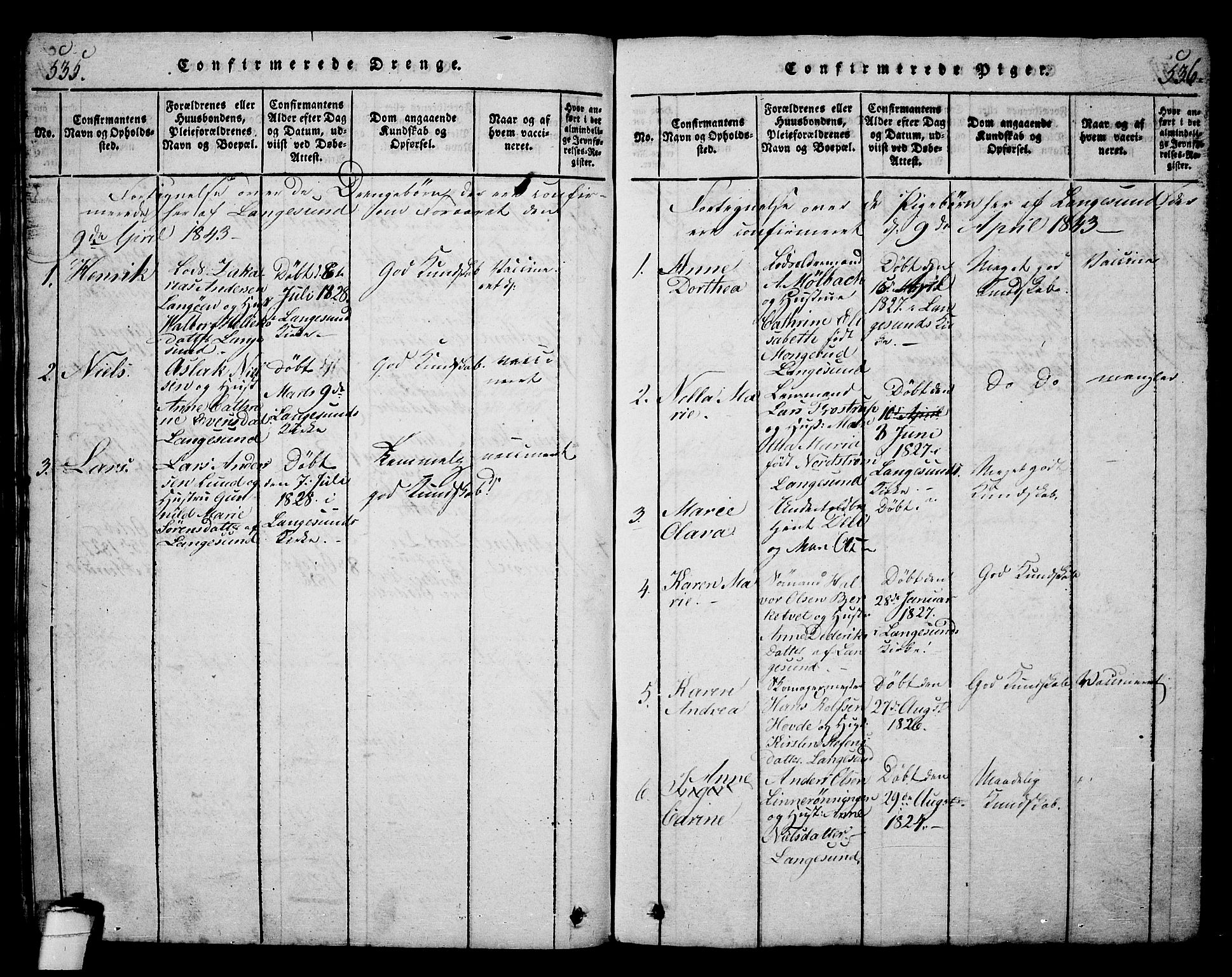 Langesund kirkebøker, AV/SAKO-A-280/G/Ga/L0003: Parish register (copy) no. 3, 1815-1858, p. 535-536