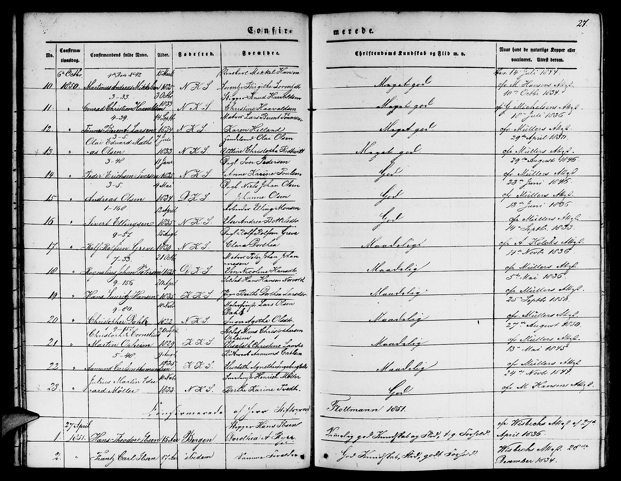 Nykirken Sokneprestembete, SAB/A-77101/H/Hab: Parish register (copy) no. C 1, 1844-1871, p. 27