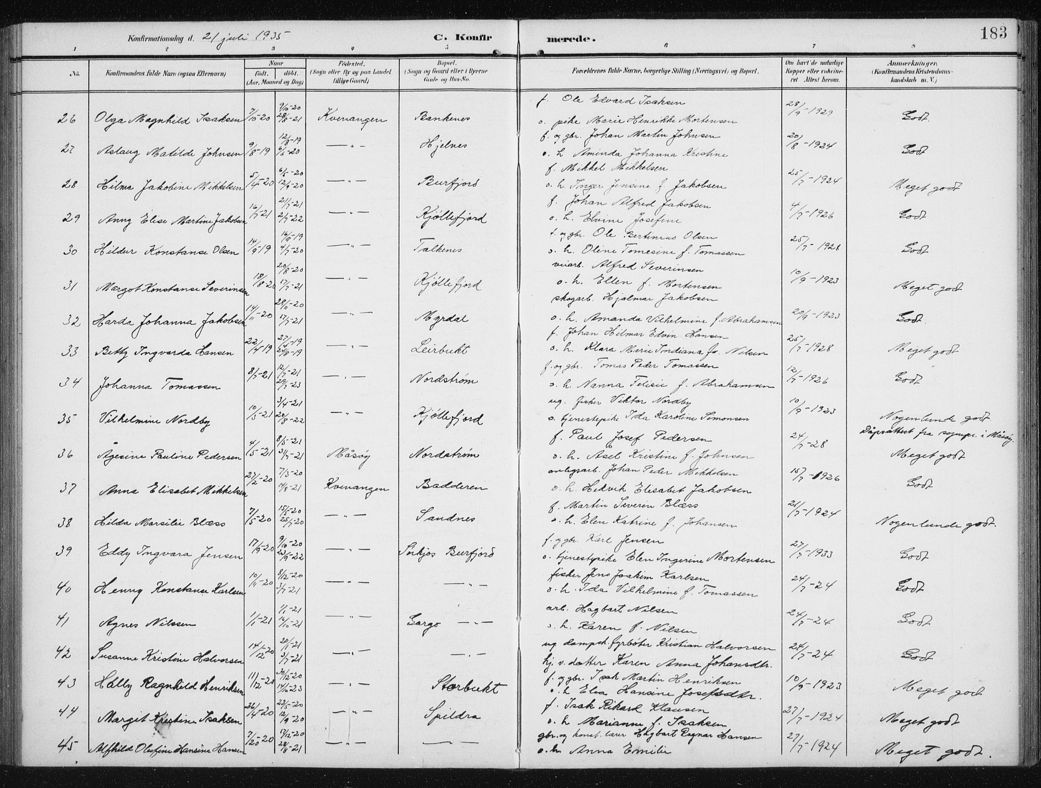 Skjervøy sokneprestkontor, AV/SATØ-S-1300/H/Ha/Hab/L0017klokker: Parish register (copy) no. 17, 1906-1941, p. 183