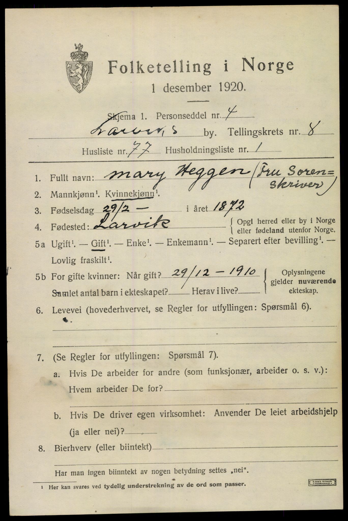 SAKO, 1920 census for Larvik, 1920, p. 24030