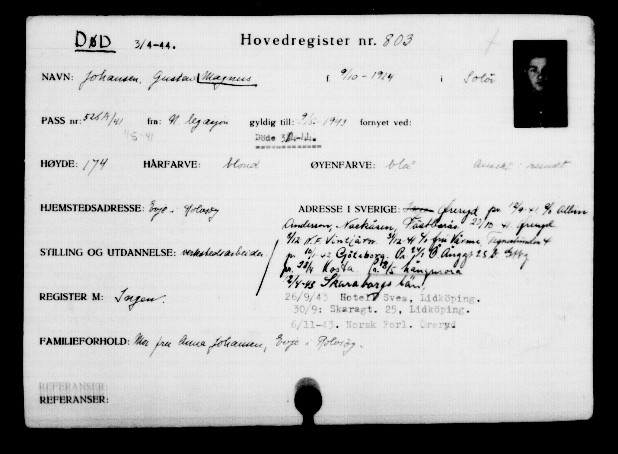 Utenriksstasjonene, Legasjonen i Stockholm, Flyktningkontoret, AV/RA-S-6753/V/Va/L0001: Kjesäterkartoteket, flyktninger med registreringsnr. 1-1000, 1940-1945, p. 1271