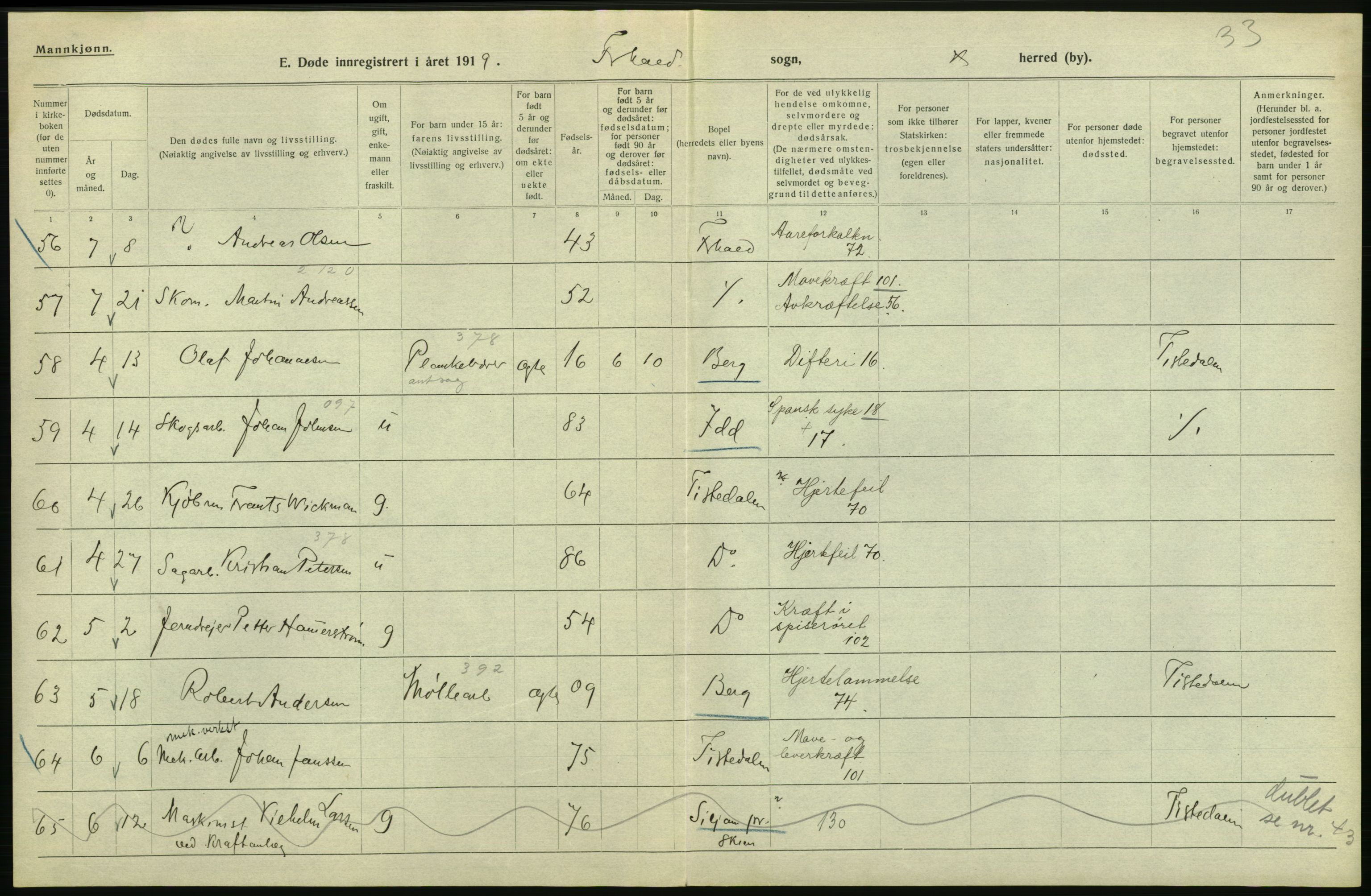 Statistisk sentralbyrå, Sosiodemografiske emner, Befolkning, RA/S-2228/D/Df/Dfb/Dfbi/L0003: Østfold fylke: Døde. Bygder og byer., 1919