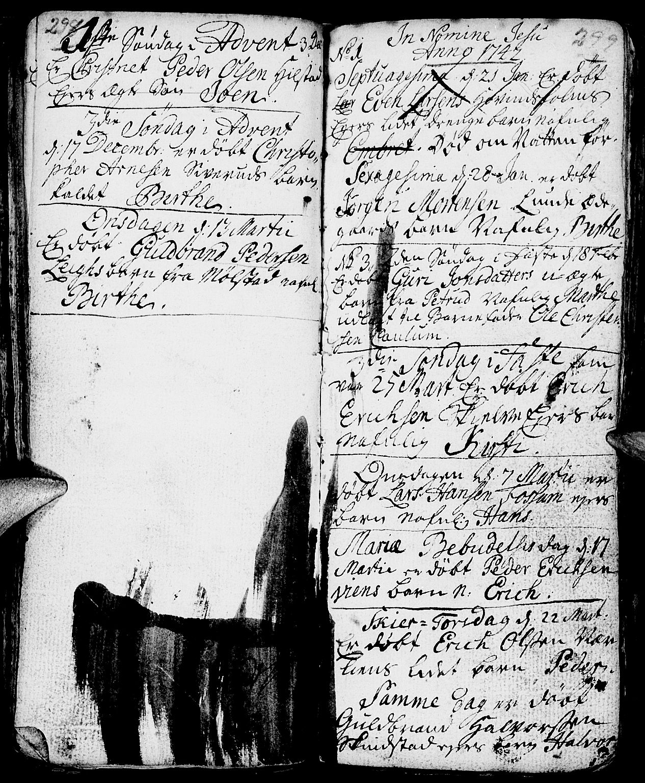 Nes prestekontor, Hedmark, AV/SAH-PREST-020/L/La/L0001: Parish register (copy) no. 1, 1663-1784, p. 298-299