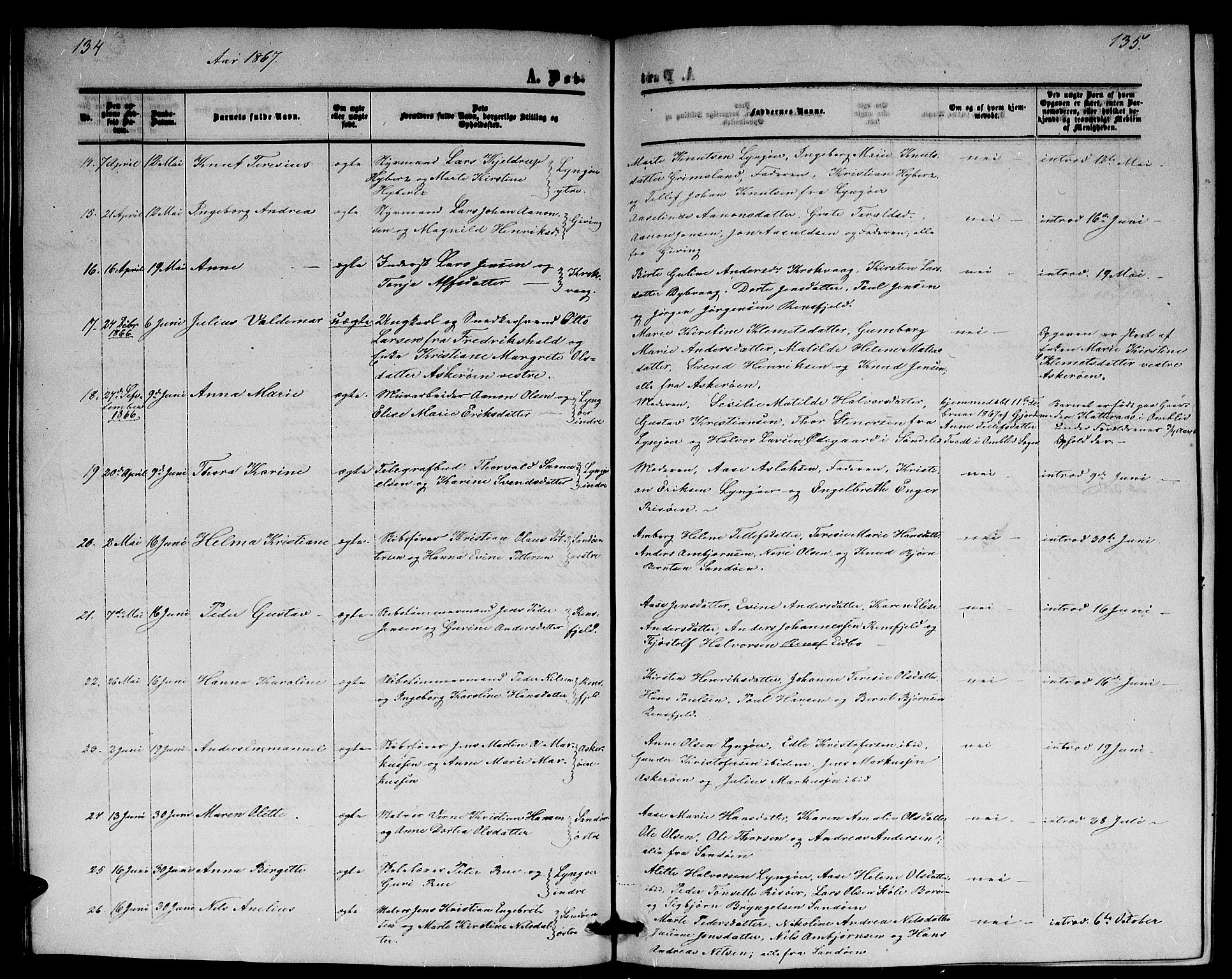 Dypvåg sokneprestkontor, AV/SAK-1111-0007/F/Fb/Fba/L0011: Parish register (copy) no. B 11, 1857-1872, p. 134-135