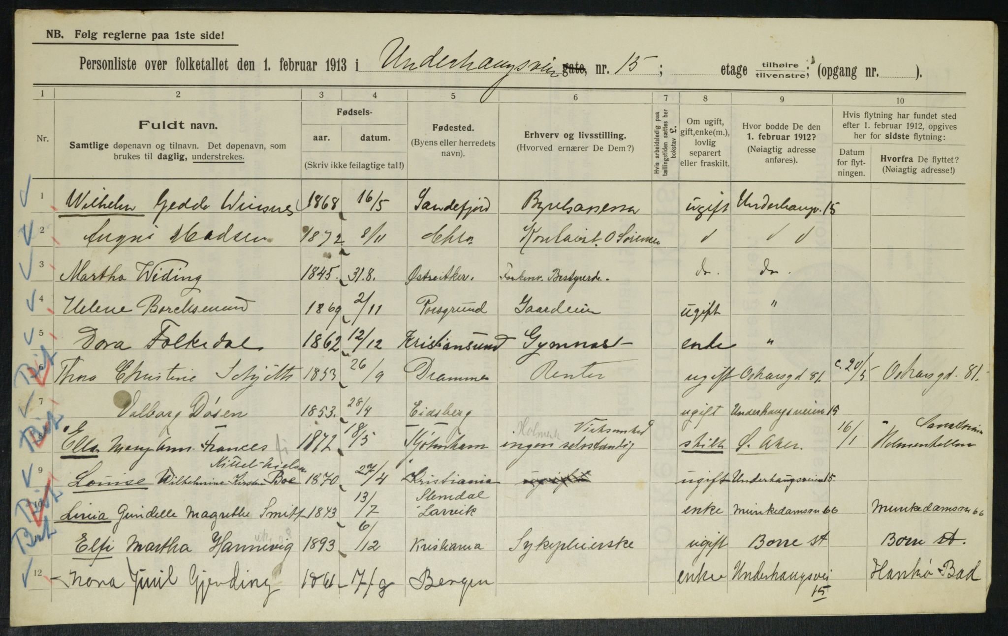 OBA, Municipal Census 1913 for Kristiania, 1913, p. 119854