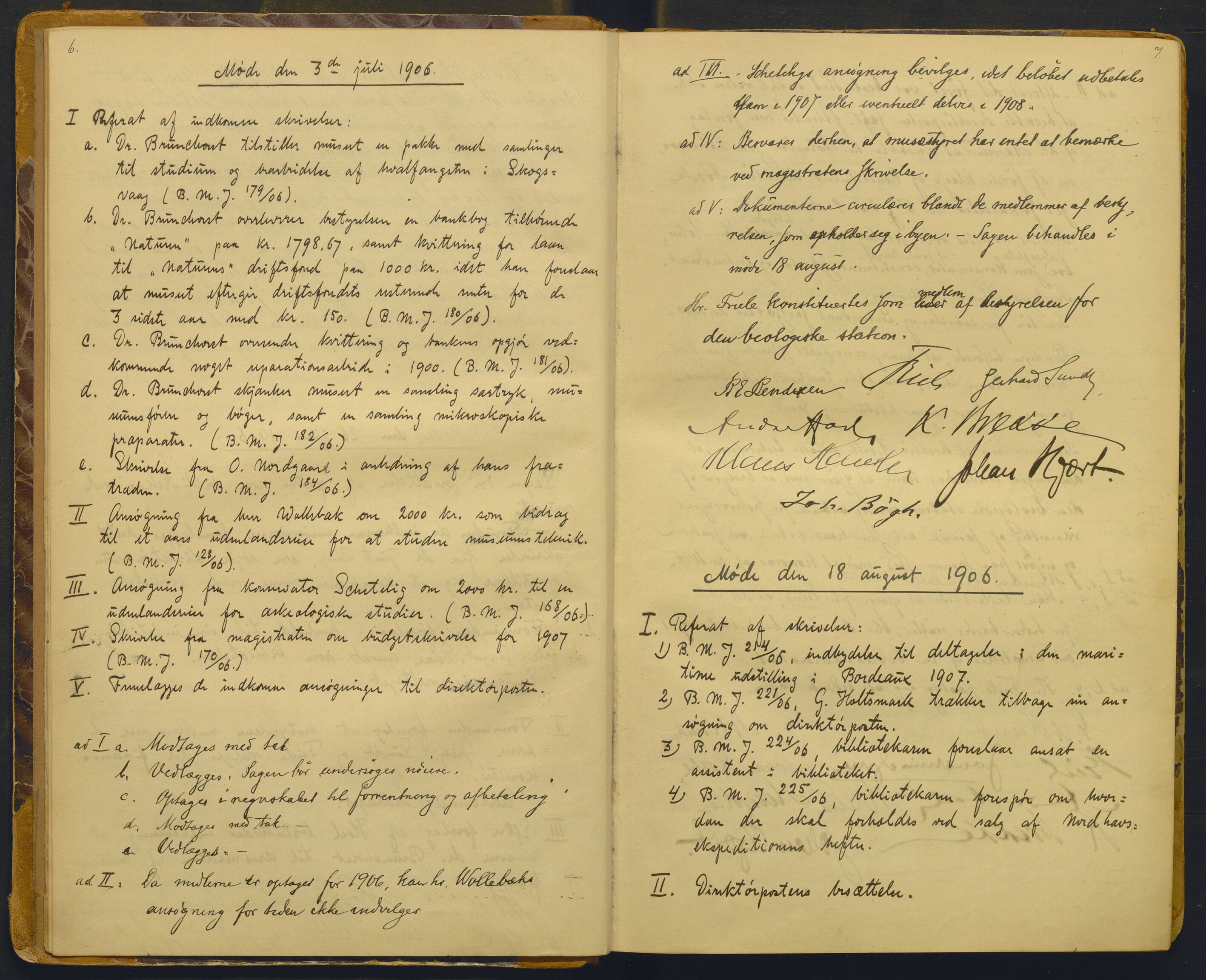 Bergens Museum, AV/SAB-A-17301/02/A/L0008: Forhandlingsprotokoll med register , 1906-1927, p. 6-7