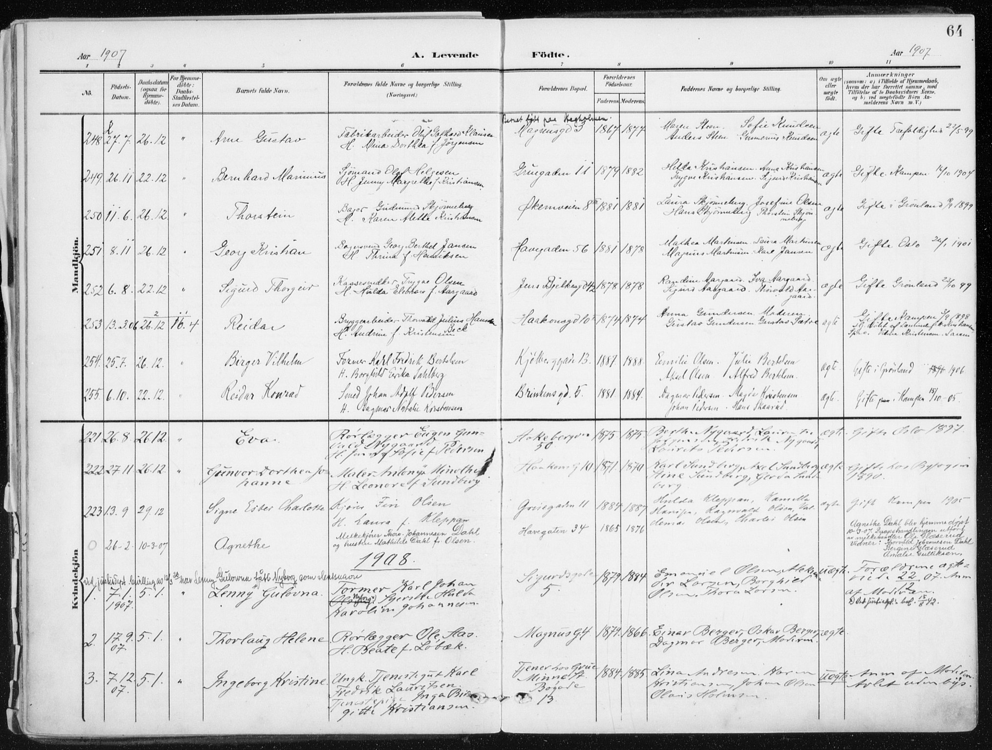 Kampen prestekontor Kirkebøker, AV/SAO-A-10853/F/Fa/L0010: Parish register (official) no. I 10, 1905-1917, p. 64