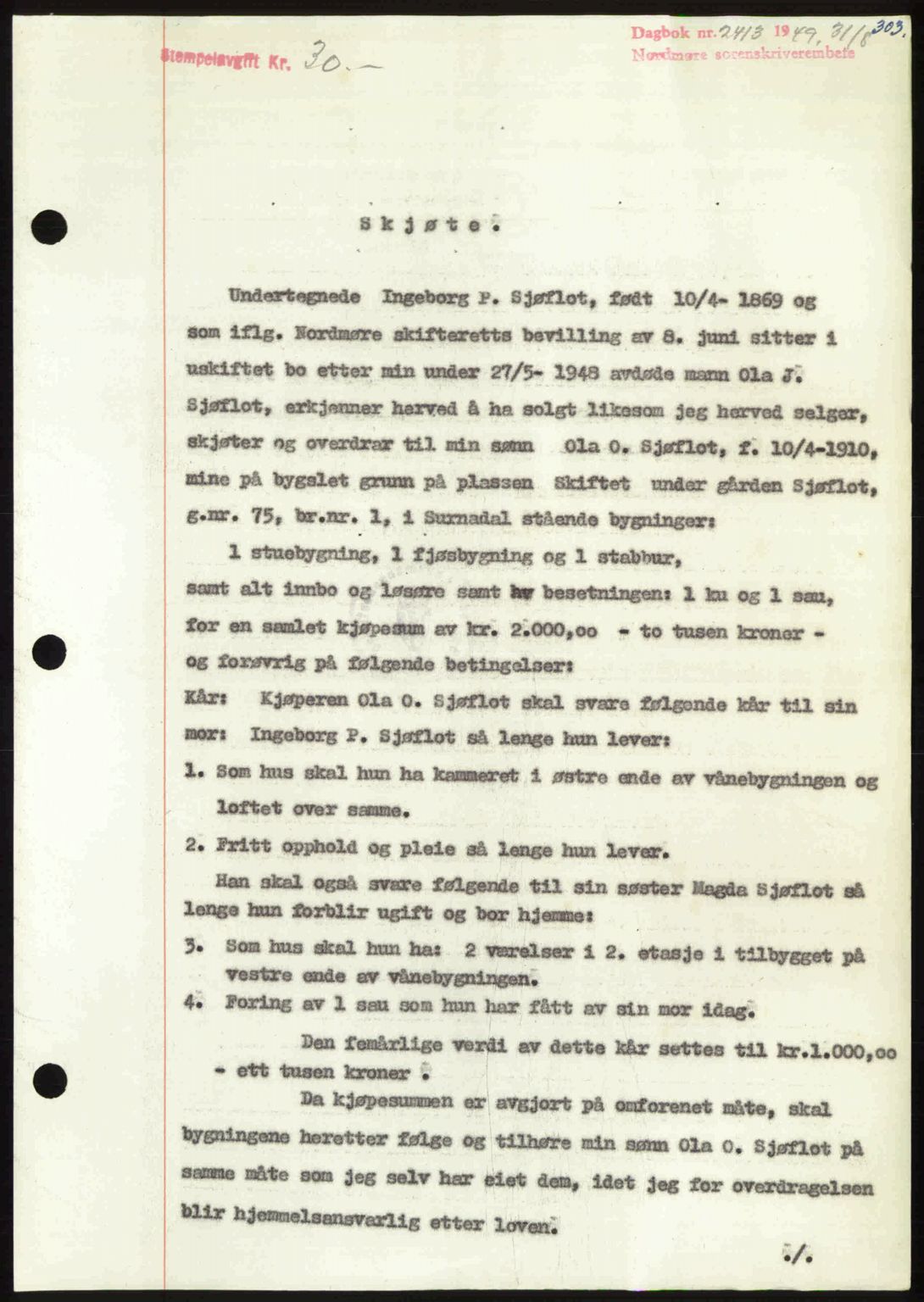 Nordmøre sorenskriveri, AV/SAT-A-4132/1/2/2Ca: Mortgage book no. A112, 1949-1949, Diary no: : 2413/1949