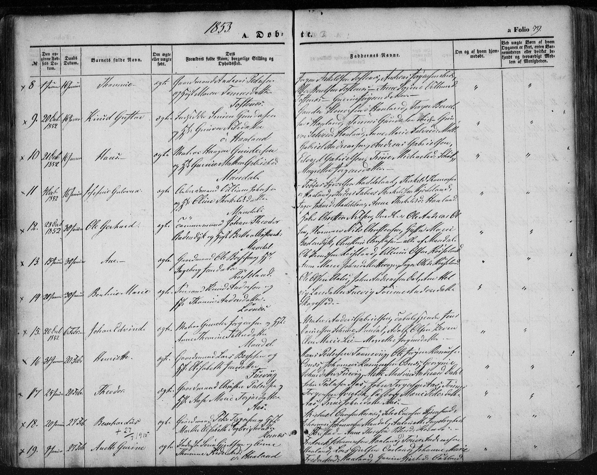 Mandal sokneprestkontor, SAK/1111-0030/F/Fa/Faa/L0013: Parish register (official) no. A 13, 1847-1859, p. 79