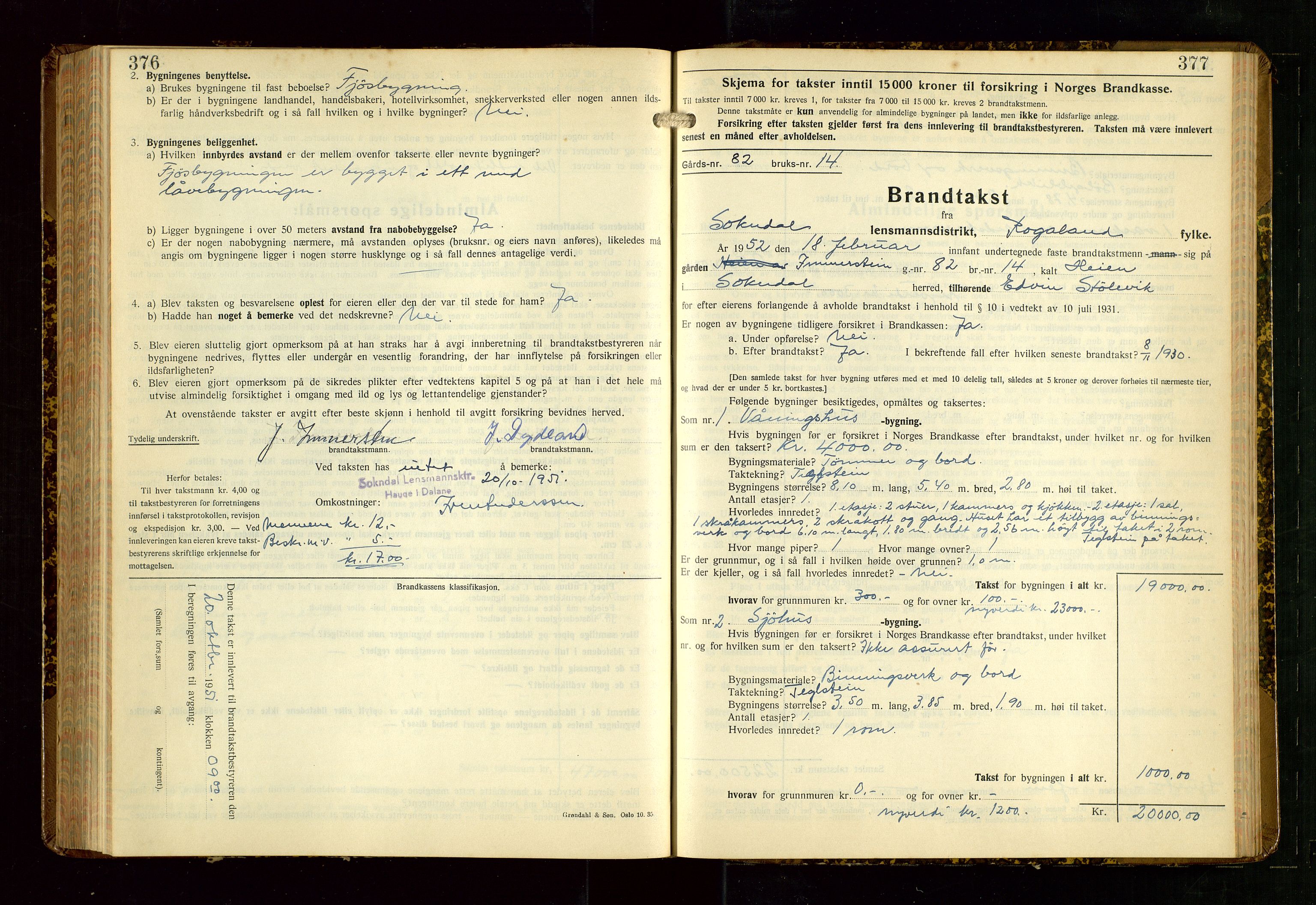 Sokndal lensmannskontor, SAST/A-100417/Gob/L0008: "Brandtakst-Protokoll", 1937-1955, p. 376-377