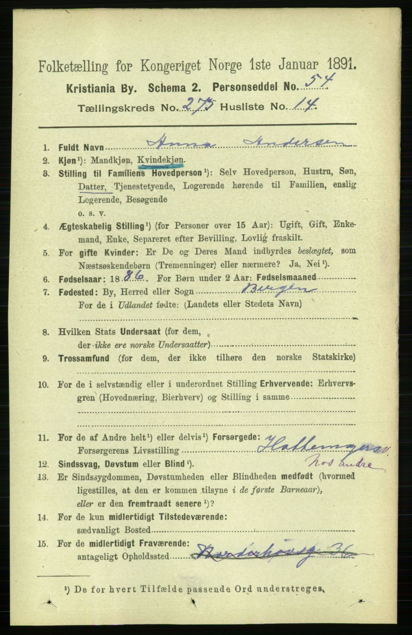 RA, 1891 census for 0301 Kristiania, 1891, p. 167308