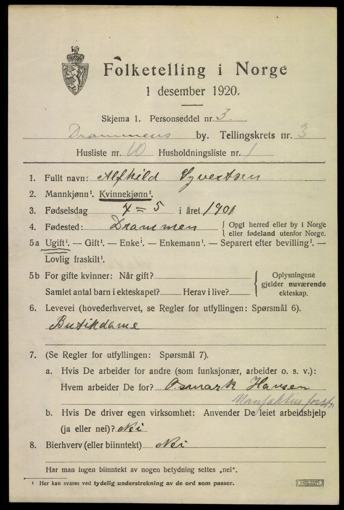 SAKO, 1920 census for Drammen, 1920, p. 30097