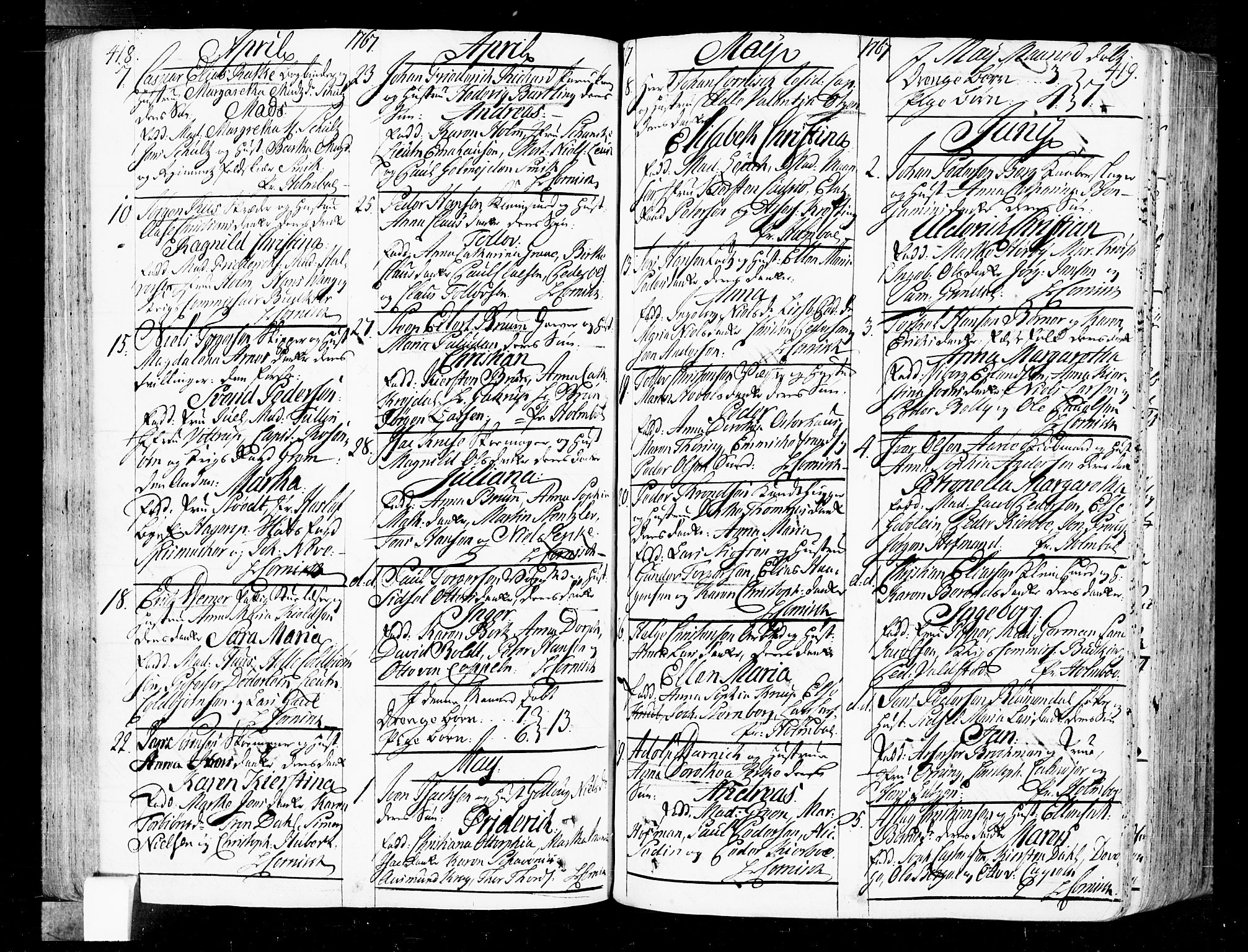 Oslo domkirke Kirkebøker, SAO/A-10752/F/Fa/L0004: Parish register (official) no. 4, 1743-1786, p. 418-419