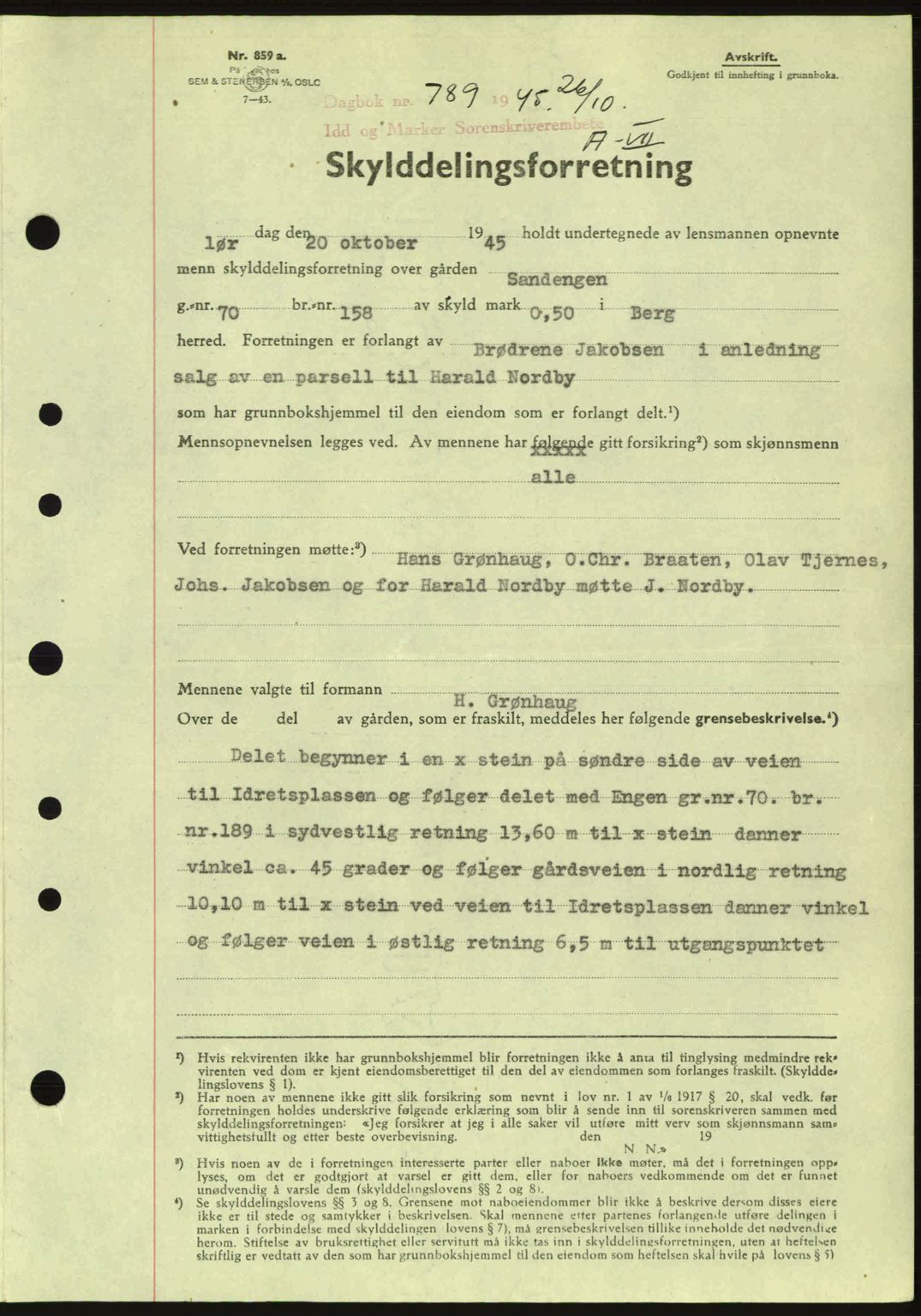 Idd og Marker sorenskriveri, AV/SAO-A-10283/G/Gb/Gbb/L0007: Mortgage book no. A7, 1944-1945, Diary no: : 789/1945