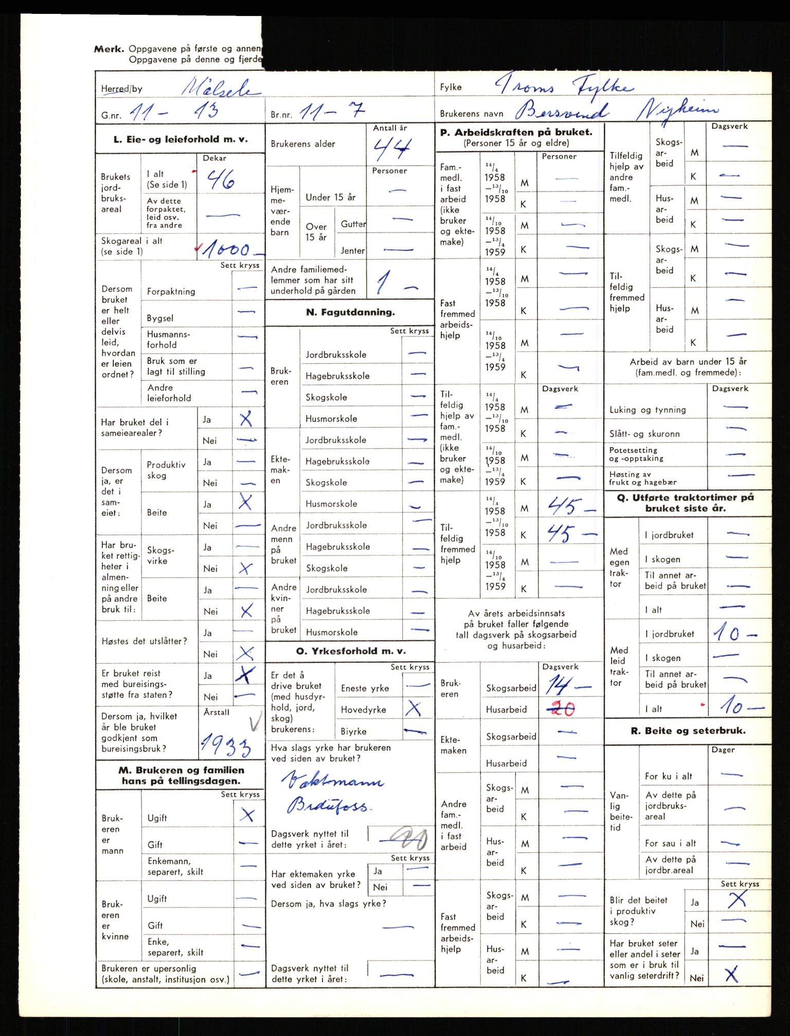 Statistisk sentralbyrå, Næringsøkonomiske emner, Jordbruk, skogbruk, jakt, fiske og fangst, AV/RA-S-2234/G/Gd/L0655: Troms: 1924 Målselv (kl. 4-10), 1959, p. 1478