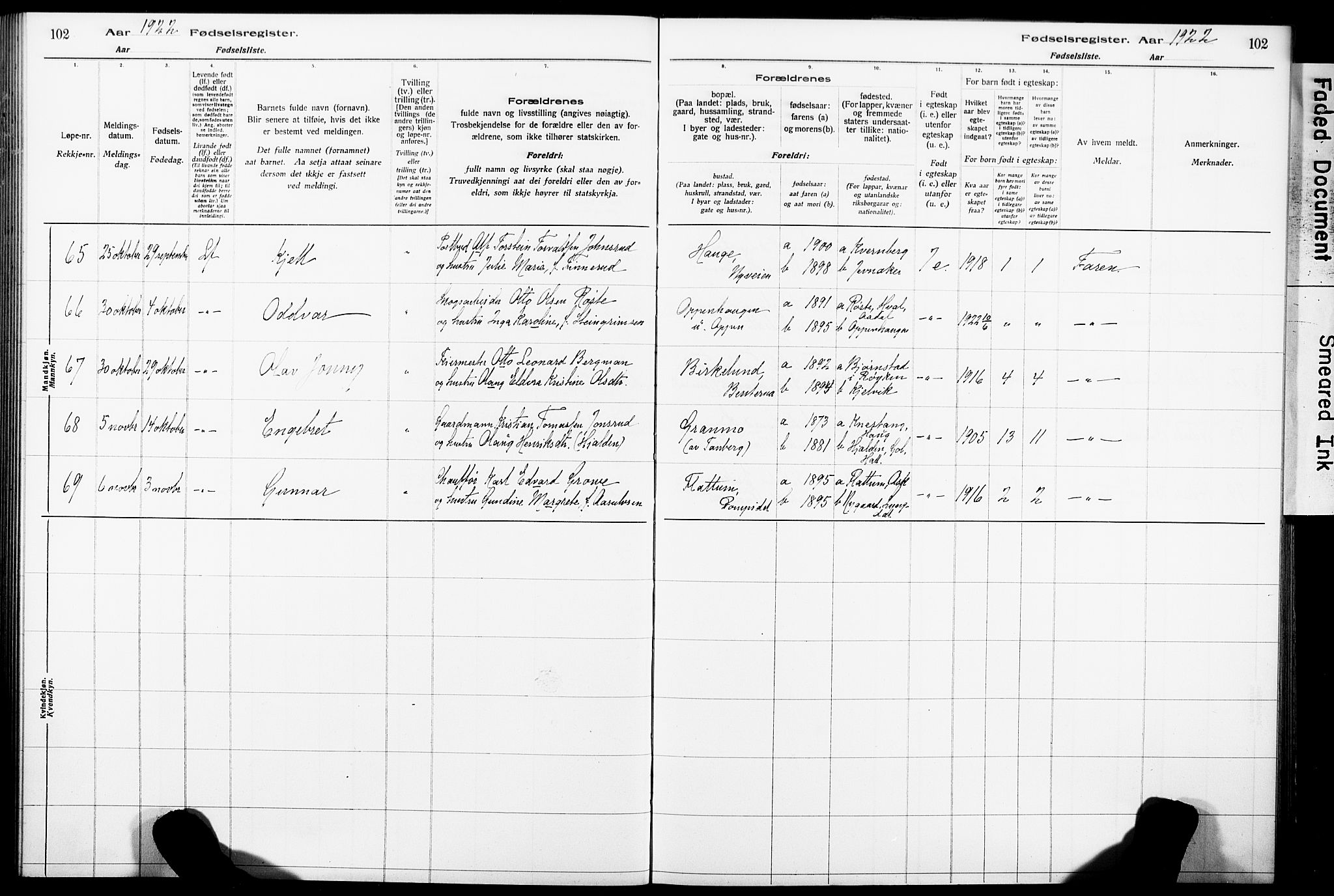 Norderhov kirkebøker, AV/SAKO-A-237/J/Ja/L0001: Birth register no. 1, 1916-1930, p. 102