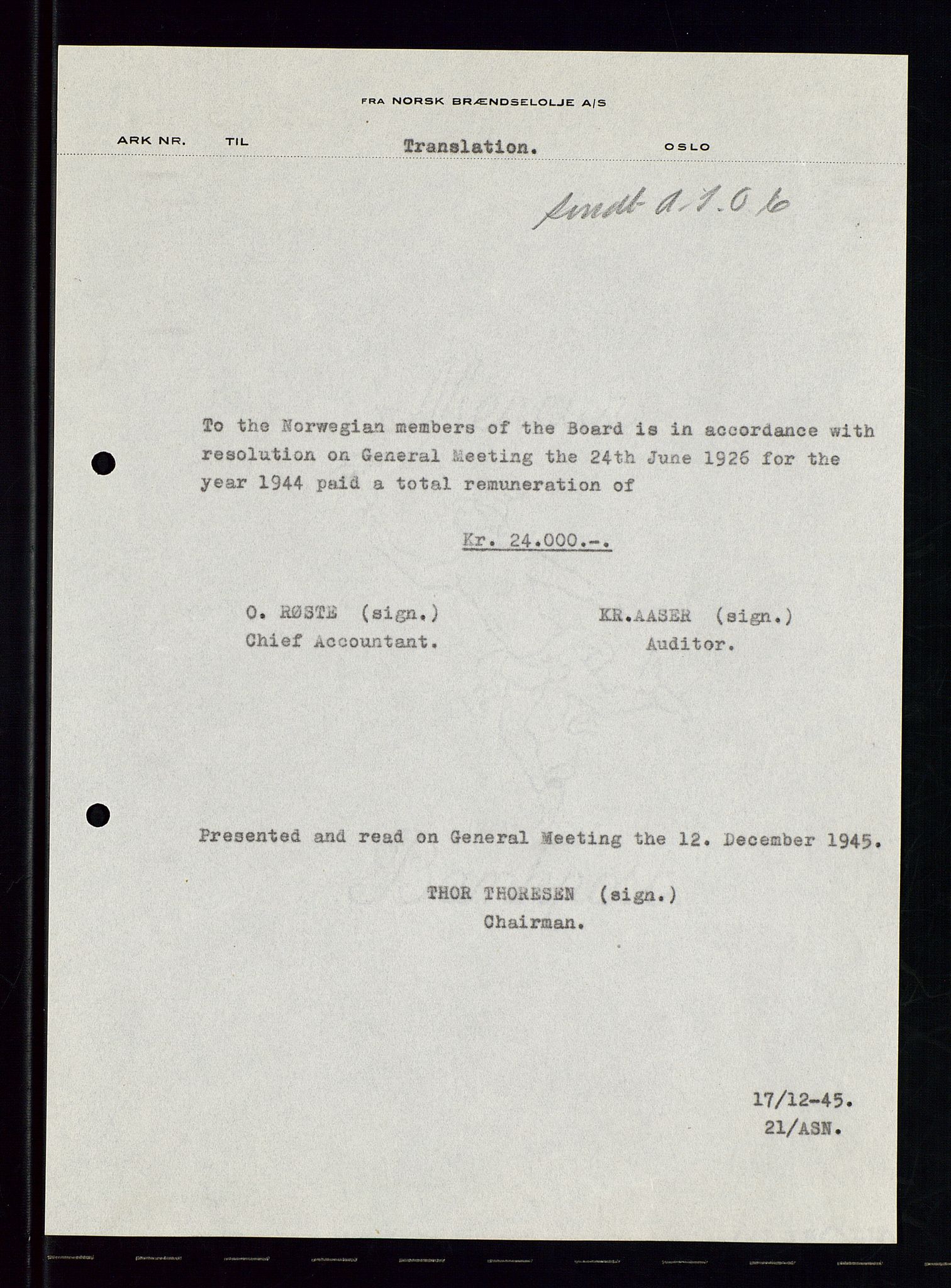 PA 1544 - Norsk Brændselolje A/S, AV/SAST-A-101965/1/A/Aa/L0004/0002: Generalforsamling / Generalforsam,ing 1945, 1946, 1945-1946, p. 77