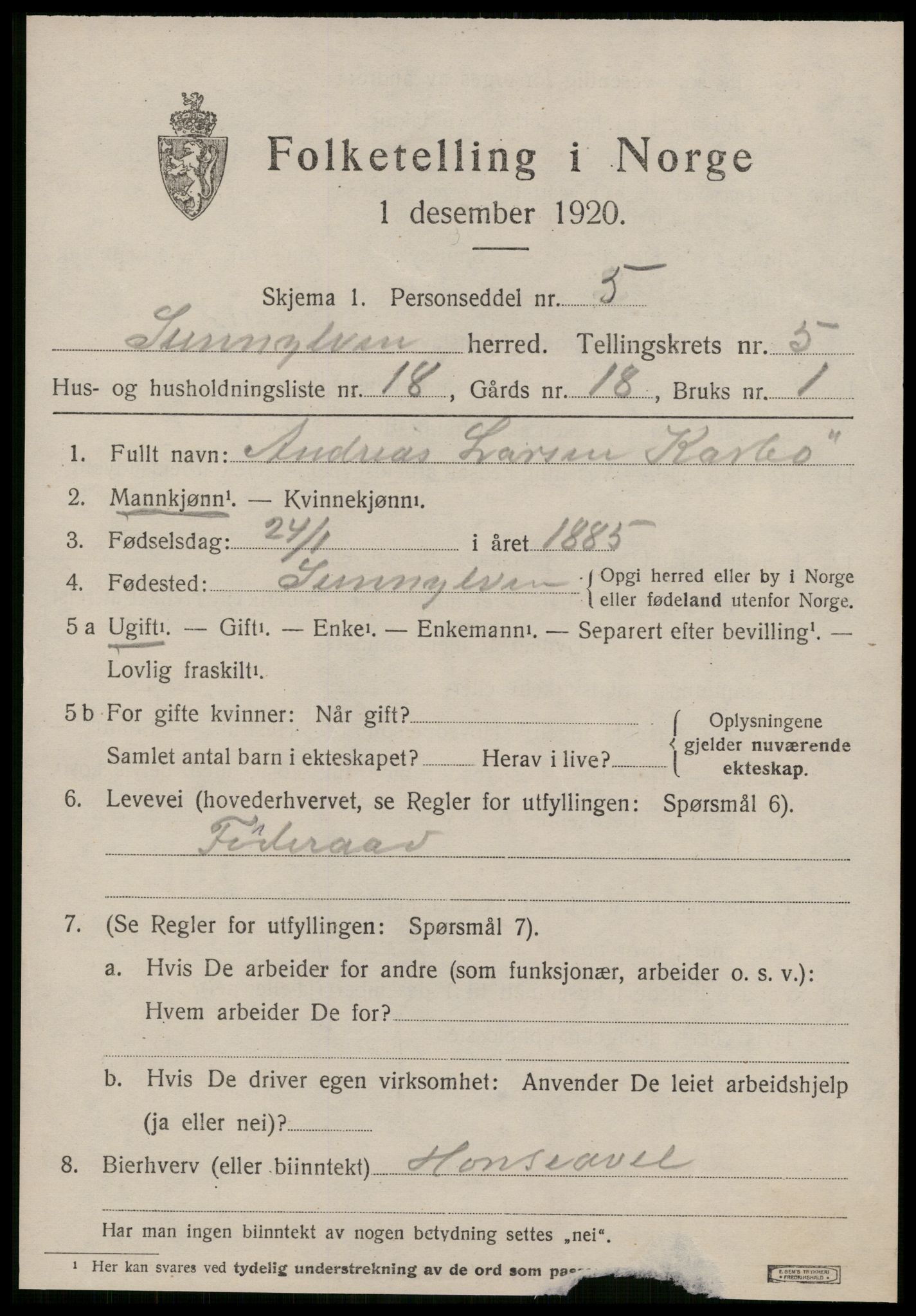 SAT, 1920 census for Sunnylven, 1920, p. 2422