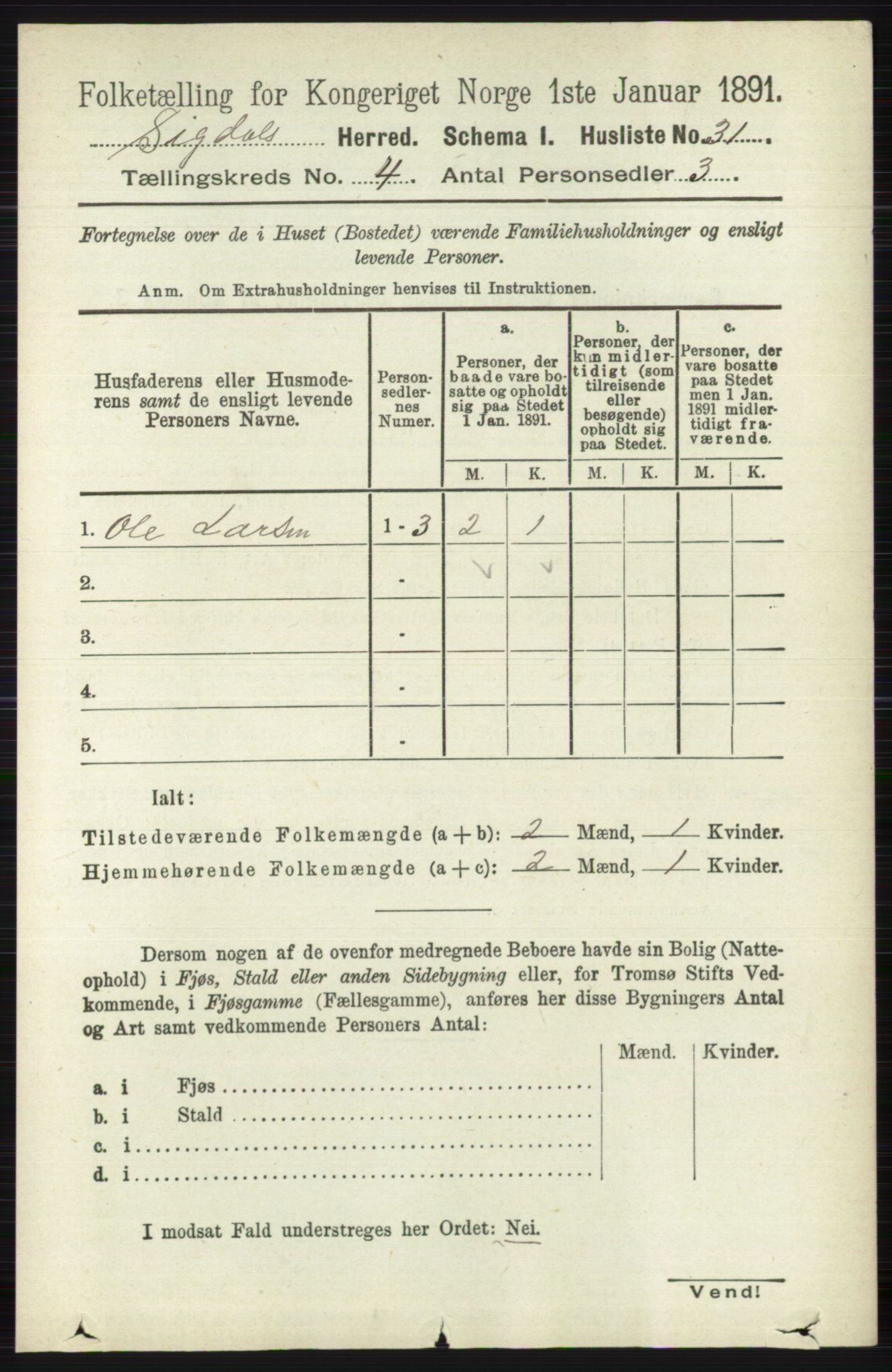 RA, 1891 census for 0621 Sigdal, 1891, p. 1647