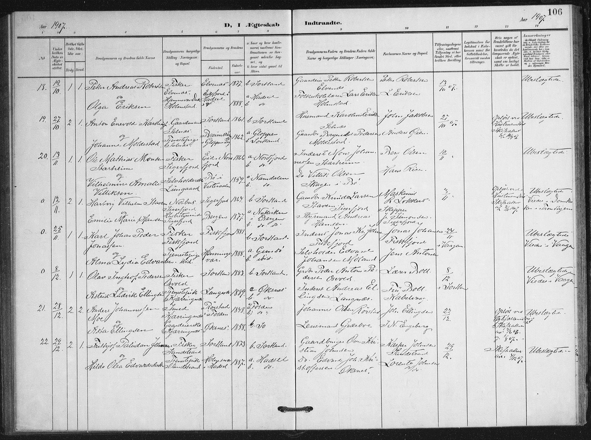 Ministerialprotokoller, klokkerbøker og fødselsregistre - Nordland, AV/SAT-A-1459/895/L1373: Parish register (official) no. 895A08, 1905-1915, p. 106