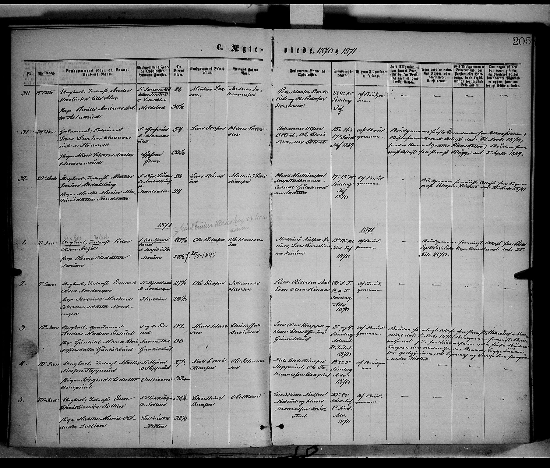 Vestre Toten prestekontor, SAH/PREST-108/H/Ha/Haa/L0008: Parish register (official) no. 8, 1870-1877, p. 205