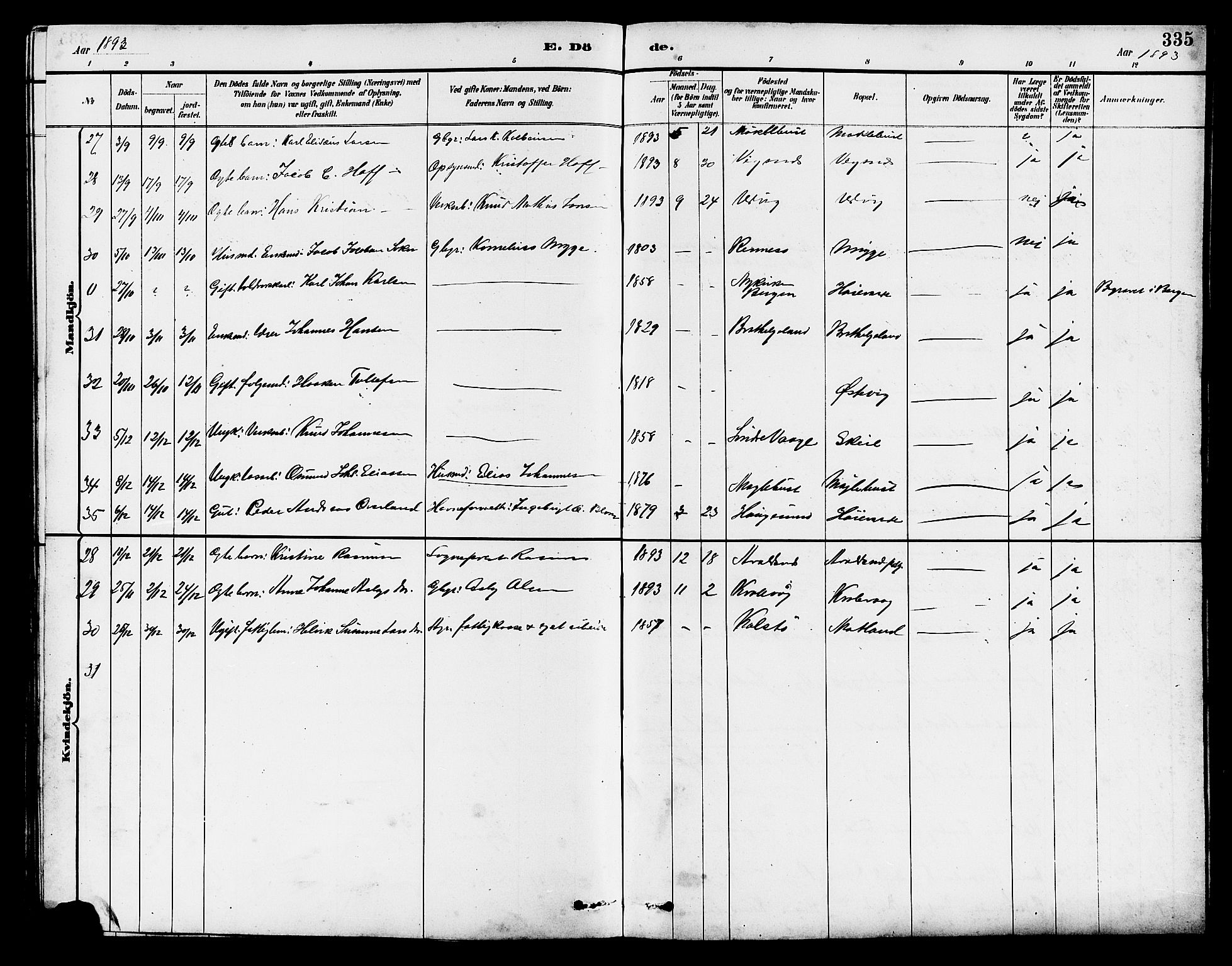 Avaldsnes sokneprestkontor, AV/SAST-A -101851/H/Ha/Hab/L0007: Parish register (copy) no. B 7, 1885-1909, p. 335