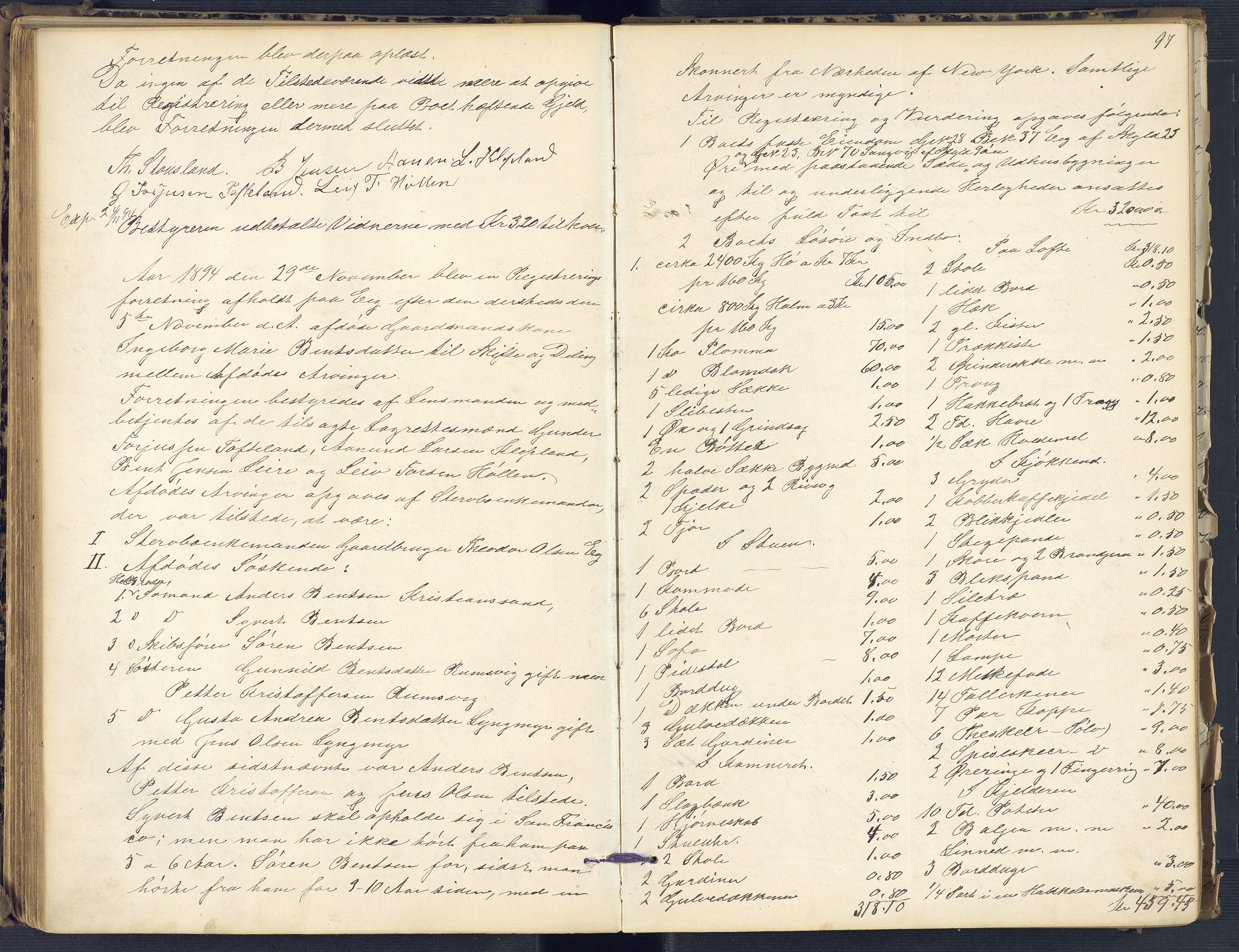 Torridal sorenskriveri, SAK/1221-0012/H/Hc/L0011: Skifteregistreringsprotokoll Søgne og Greipstad lensmannsdistrikt nr. 1, 1883-1903, p. 97