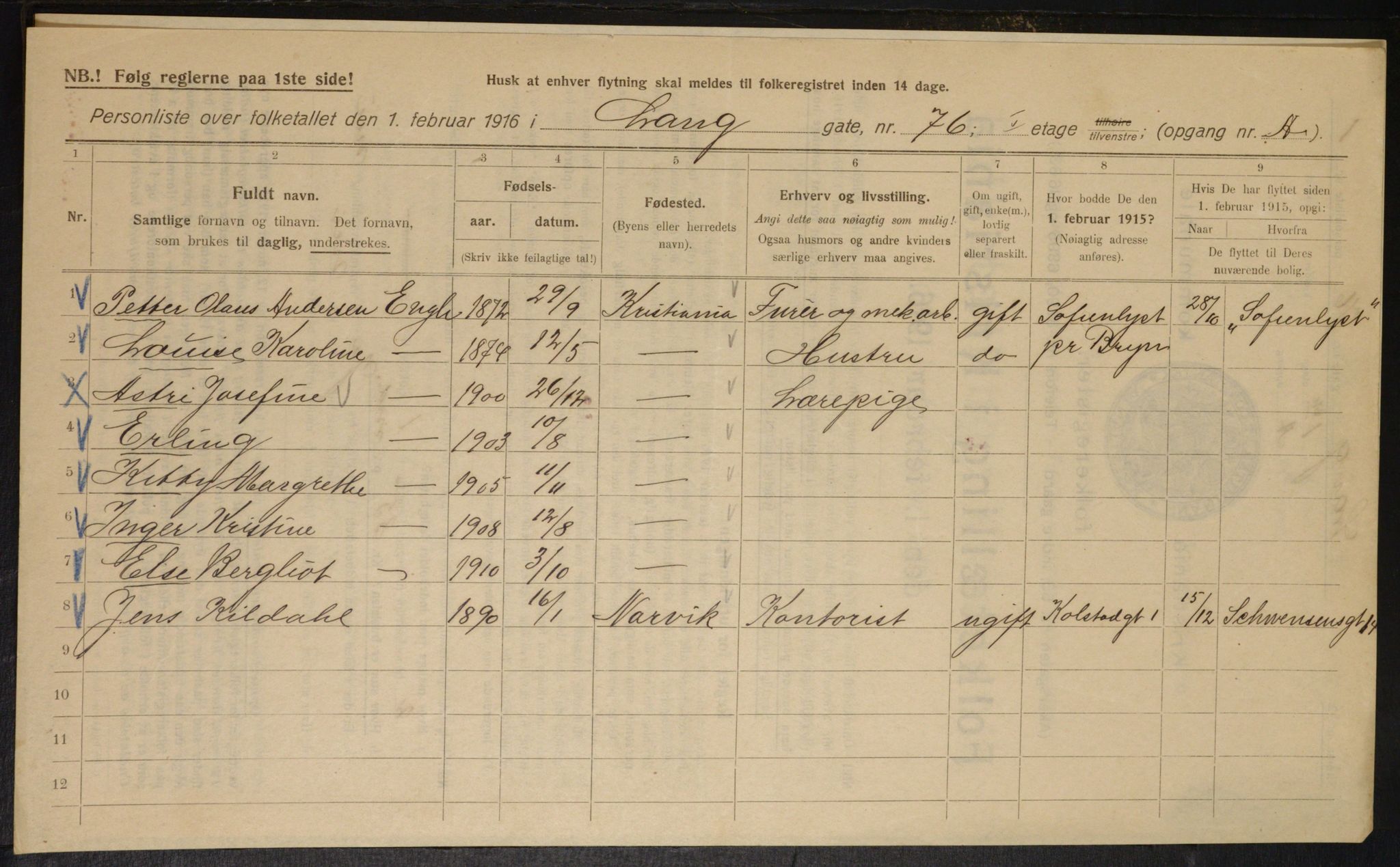 OBA, Municipal Census 1916 for Kristiania, 1916, p. 58217