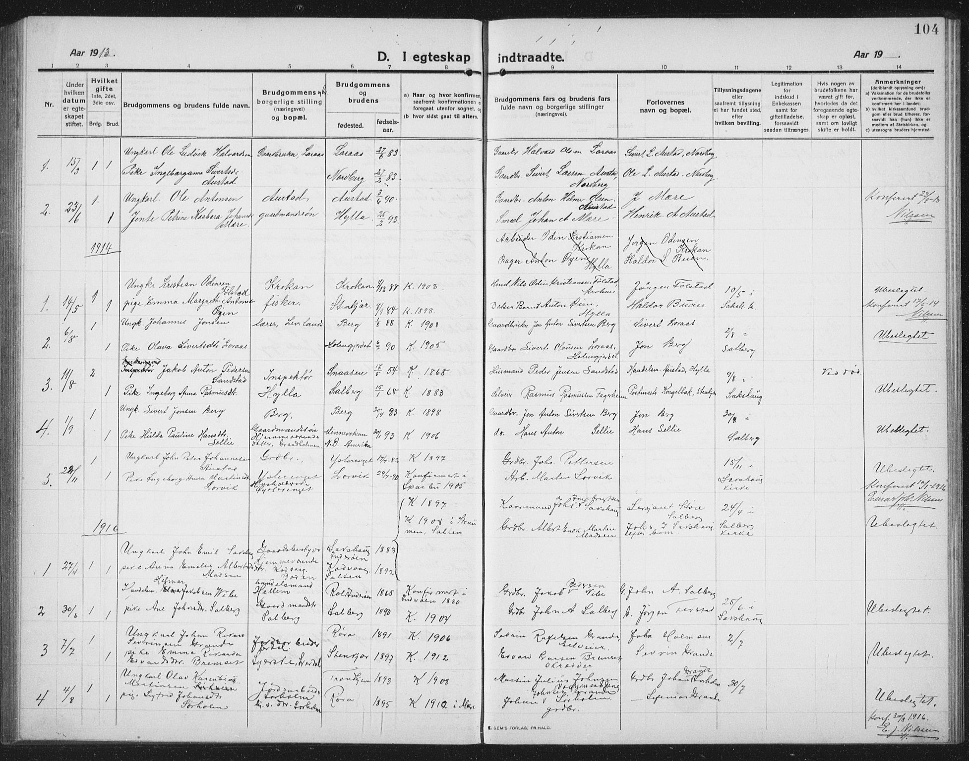 Ministerialprotokoller, klokkerbøker og fødselsregistre - Nord-Trøndelag, AV/SAT-A-1458/731/L0312: Parish register (copy) no. 731C03, 1911-1935, p. 104