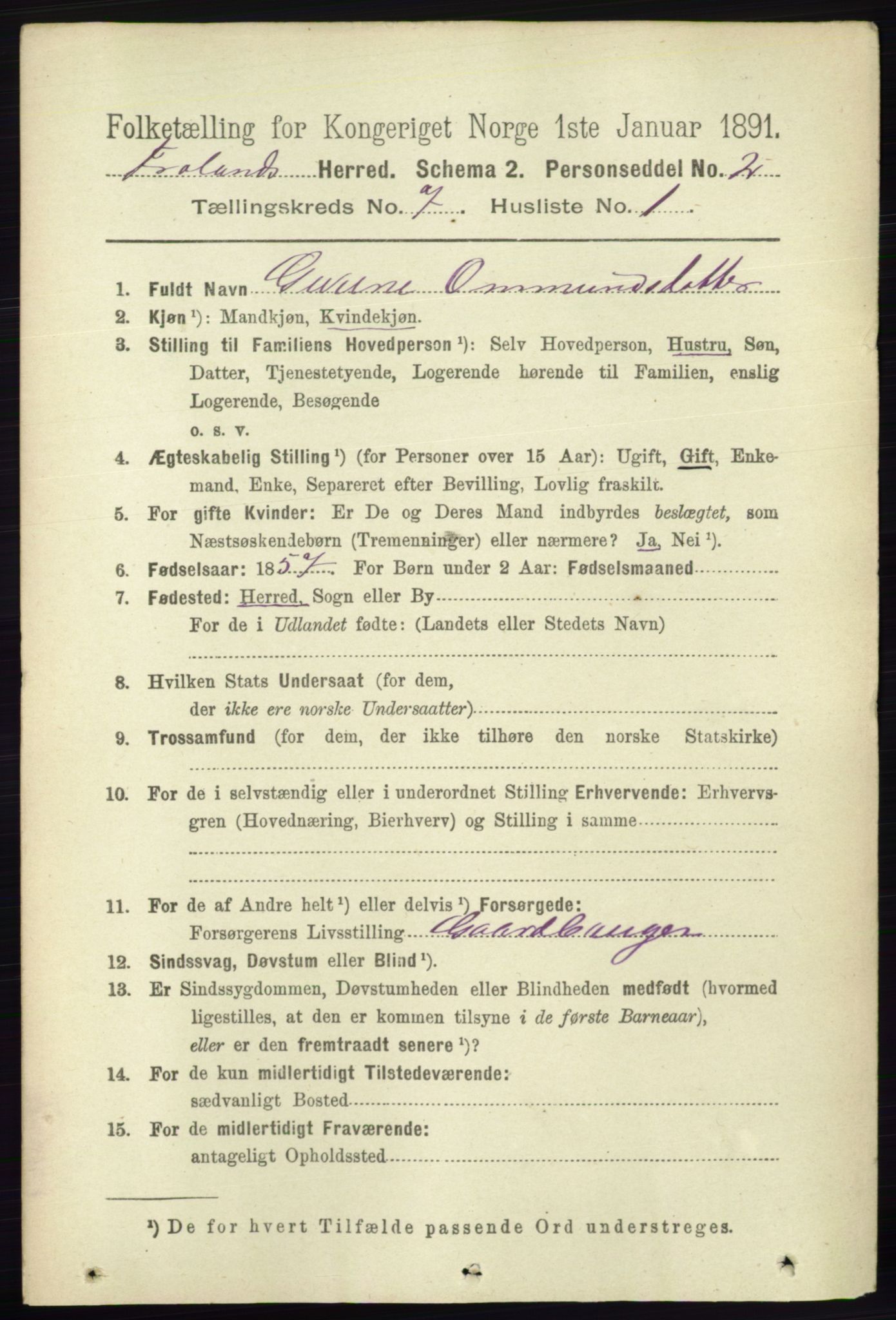 RA, 1891 census for 0919 Froland, 1891, p. 2656