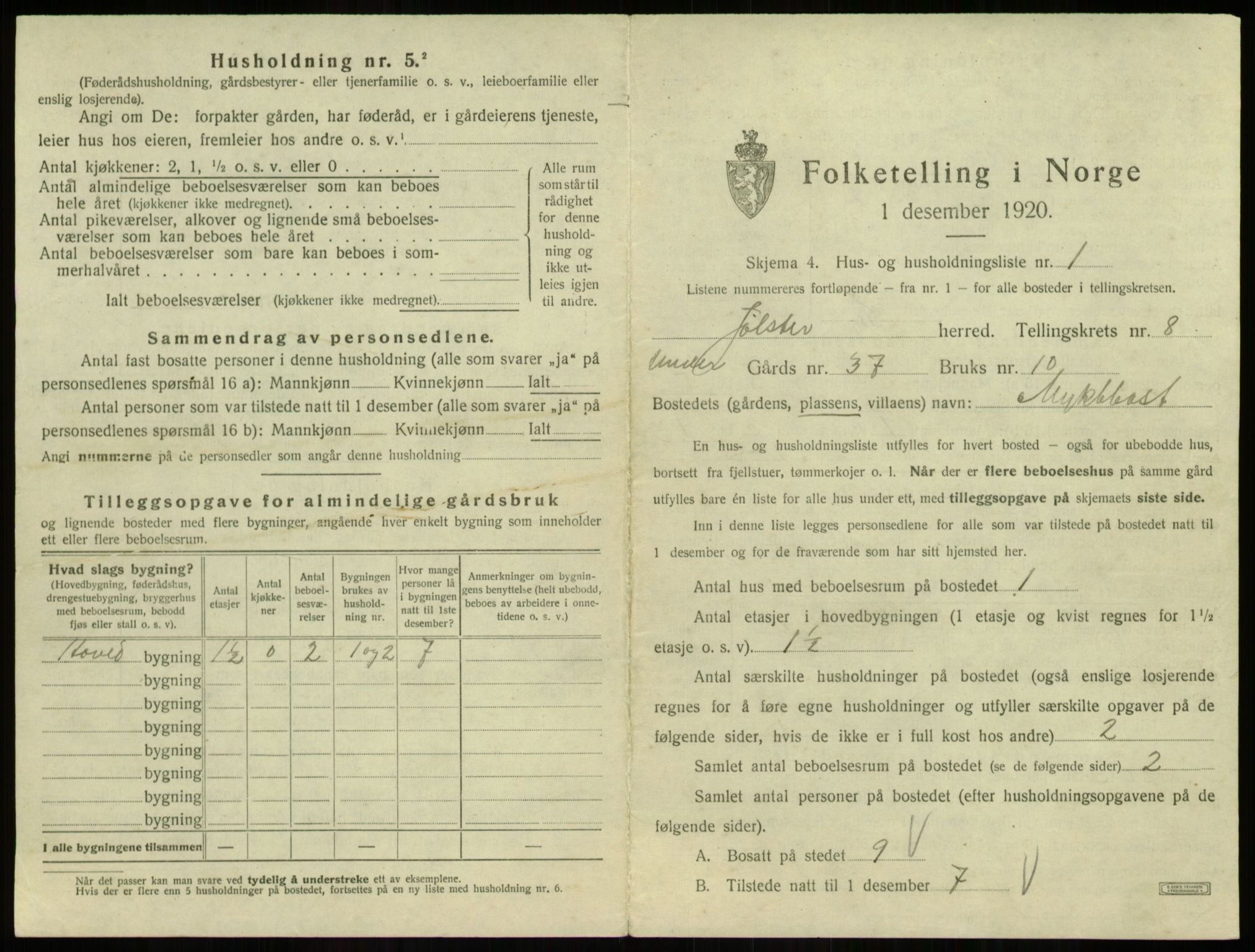 SAB, 1920 census for Jølster, 1920, p. 504