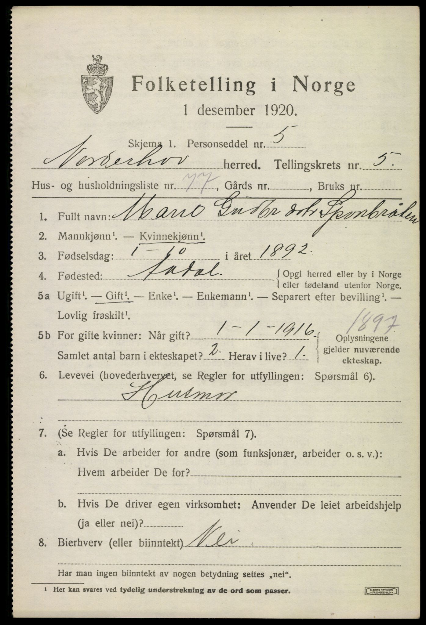 SAKO, 1920 census for Norderhov, 1920, p. 8647