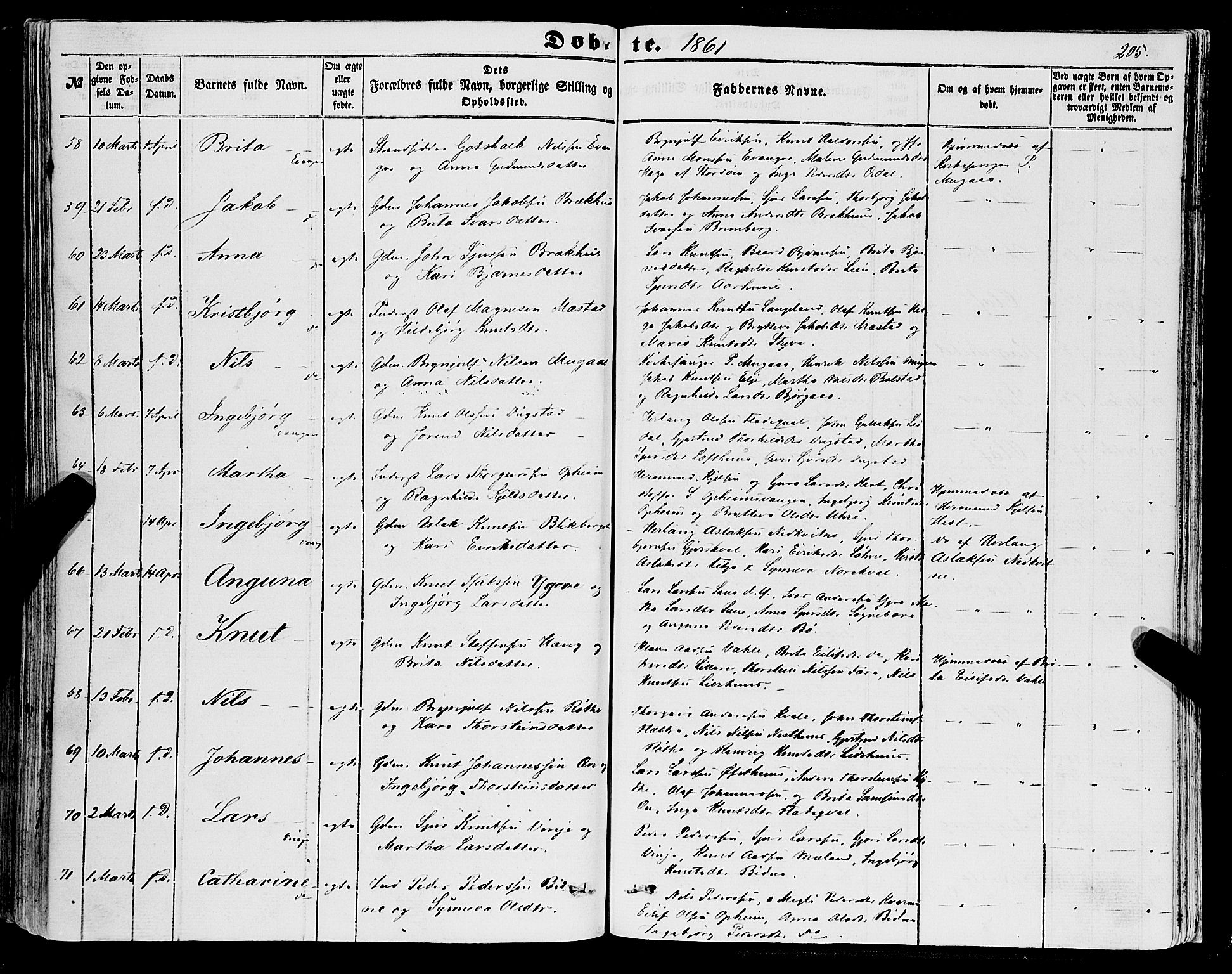 Voss sokneprestembete, SAB/A-79001/H/Haa: Parish register (official) no. A 16, 1849-1863, p. 205