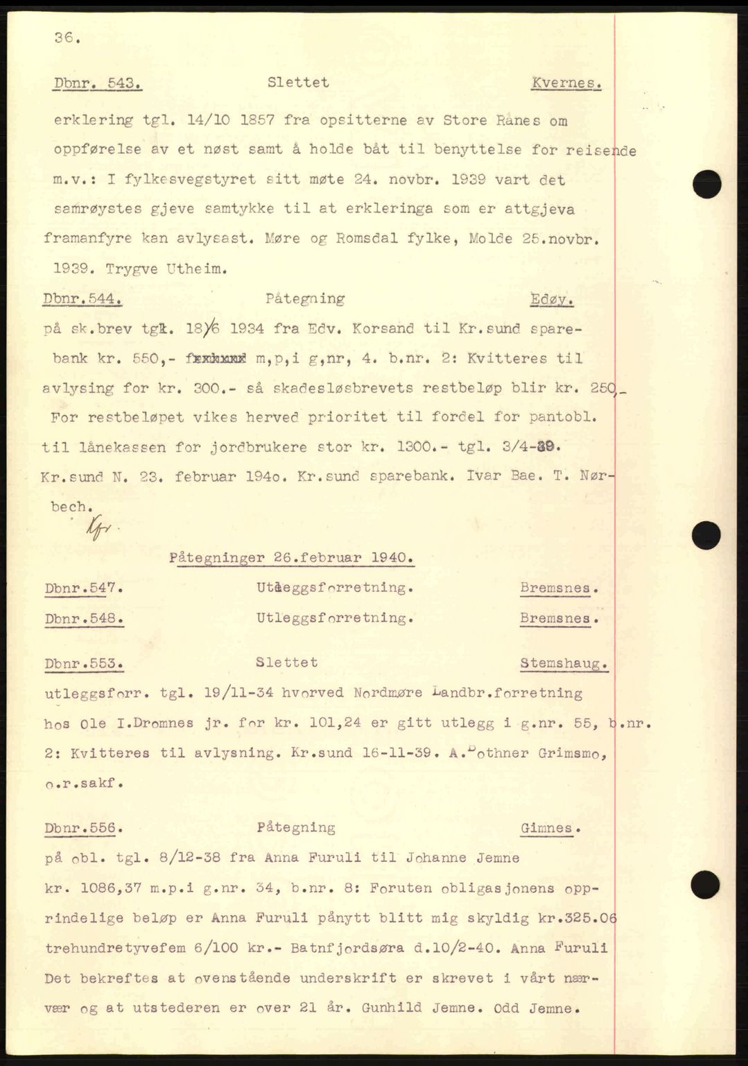 Nordmøre sorenskriveri, AV/SAT-A-4132/1/2/2Ca: Mortgage book no. C81, 1940-1945, Diary no: : 543/1940