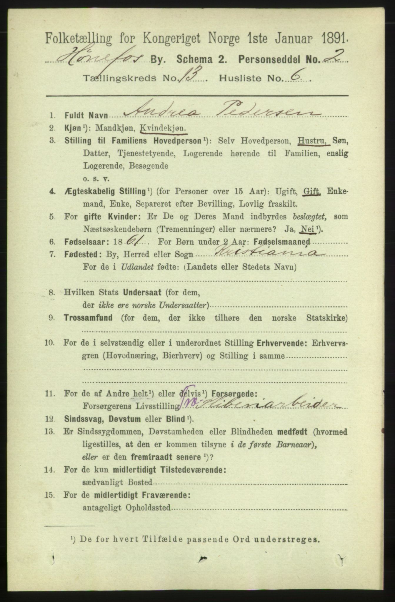 RA, 1891 census for 0601 Hønefoss, 1891, p. 1639