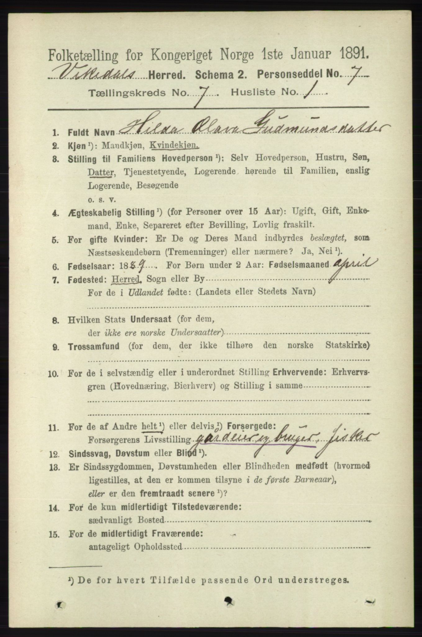 RA, 1891 census for 1157 Vikedal, 1891, p. 2040