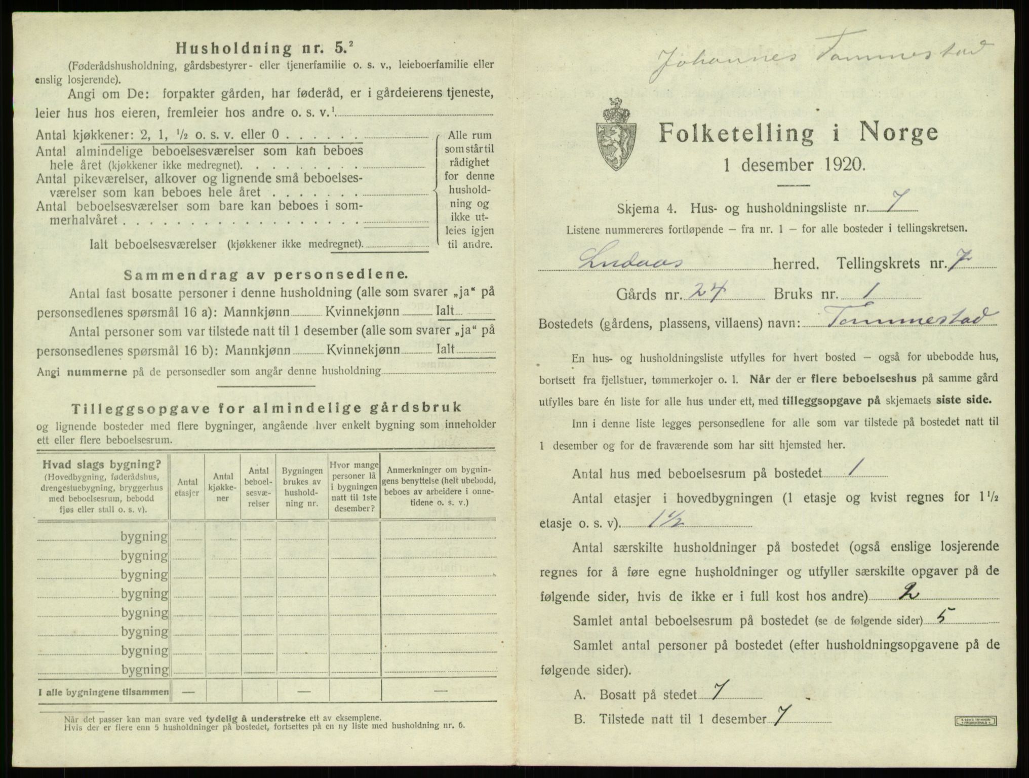 SAB, 1920 census for Lindås, 1920, p. 297