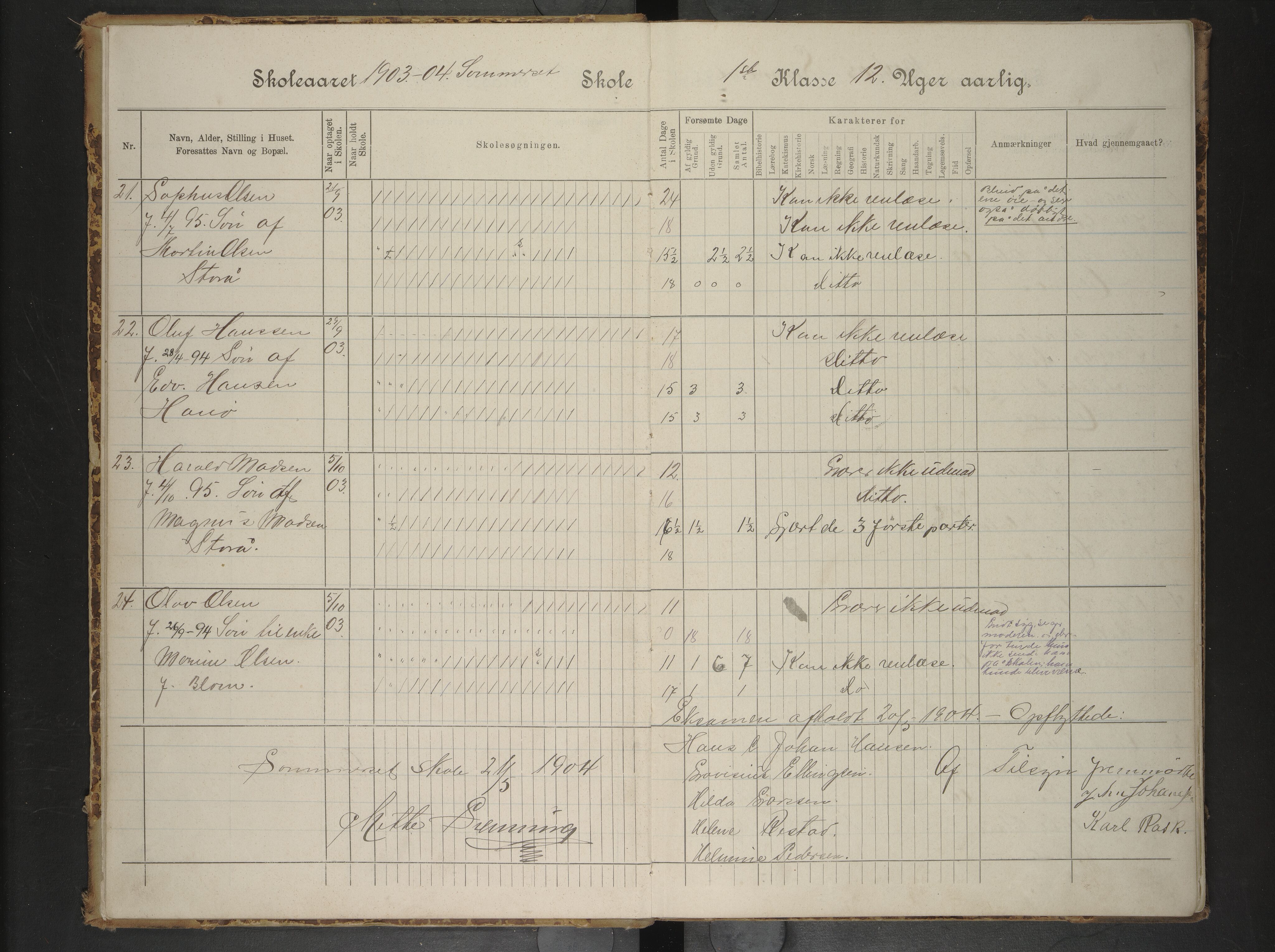 Hadsel kommune. Raftsund skoledistrikt, AIN/K-18660.510.35/F/L0009: Skoleprotokoll Sommerset skole, 1903-1909