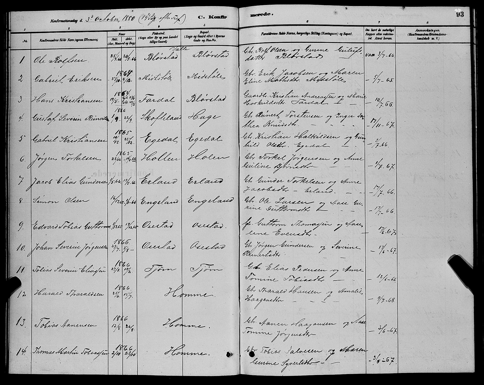 Sør-Audnedal sokneprestkontor, AV/SAK-1111-0039/F/Fb/Fbb/L0005: Parish register (copy) no. B 5, 1880-1892, p. 93