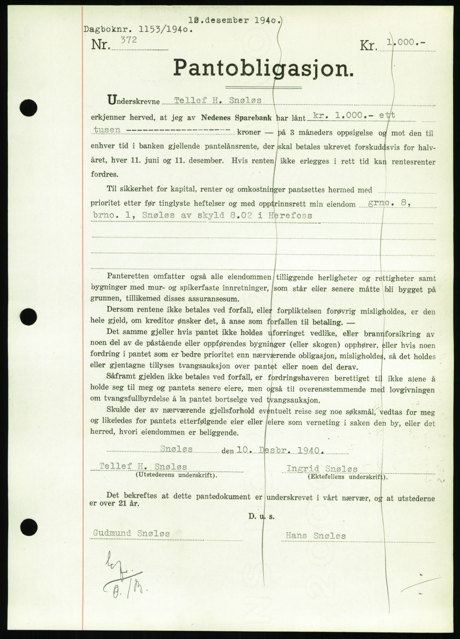 Nedenes sorenskriveri, AV/SAK-1221-0006/G/Gb/Gbb/L0001: Mortgage book no. I, 1939-1942, Diary no: : 1153/1940