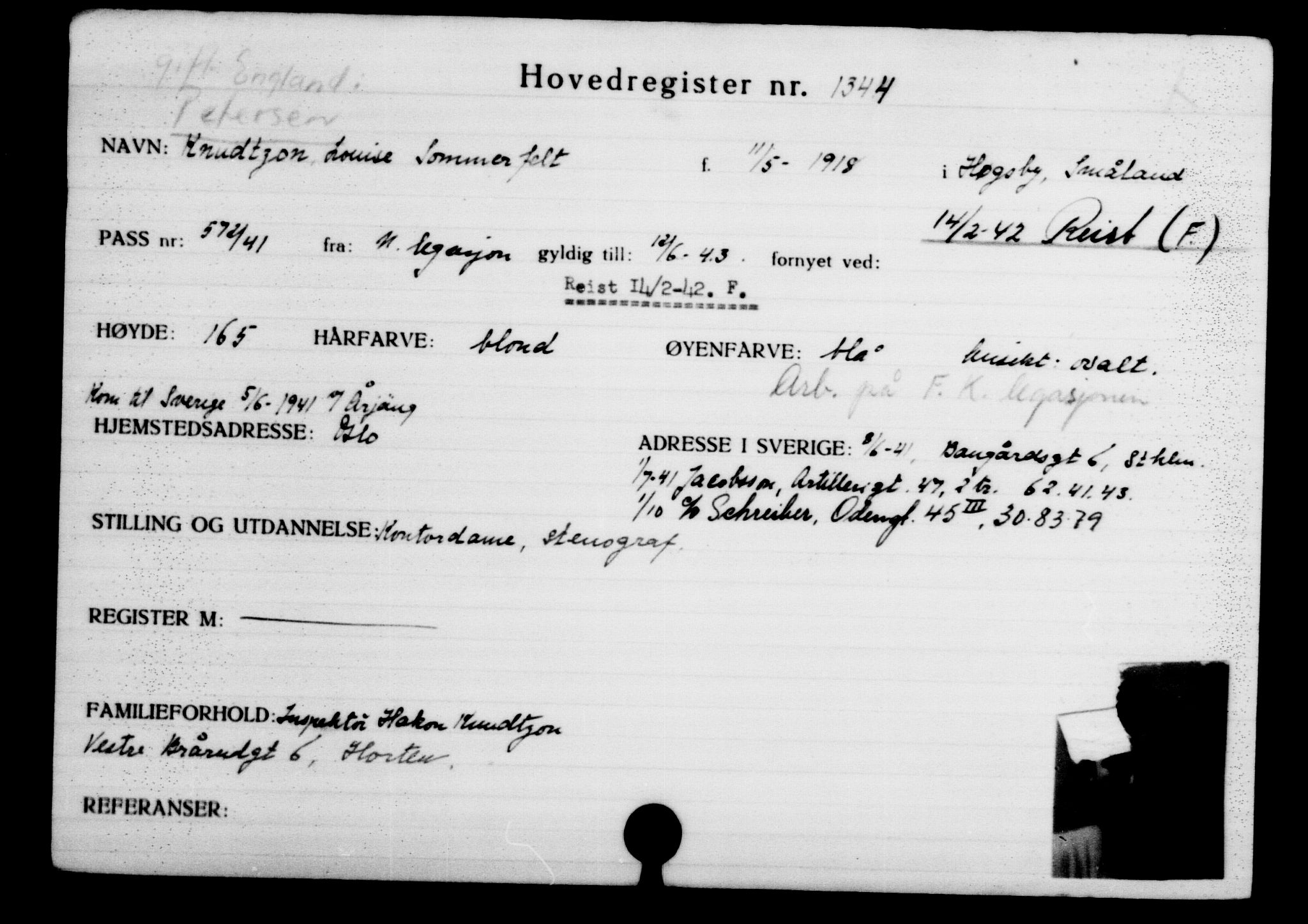 Utenriksstasjonene, Legasjonen i Stockholm, Flyktningkontoret, AV/RA-S-6753/V/Va/L0002: Kjesäterkartoteket, flyktninger med registreringsnr. 1001-2000, 1940-1945, p. 503