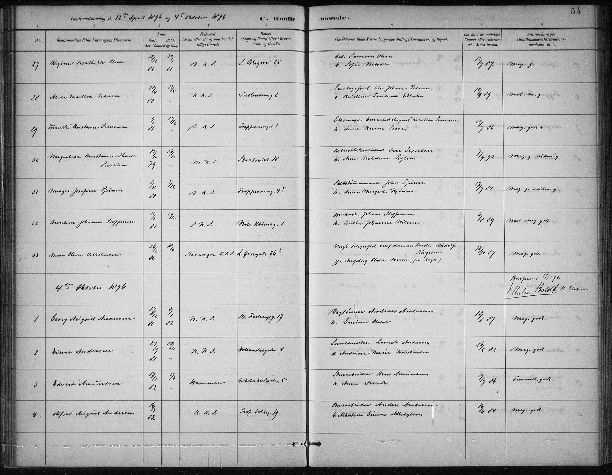 Korskirken sokneprestembete, AV/SAB-A-76101/H/Hab: Parish register (copy) no. C 4, 1893-1905, p. 54