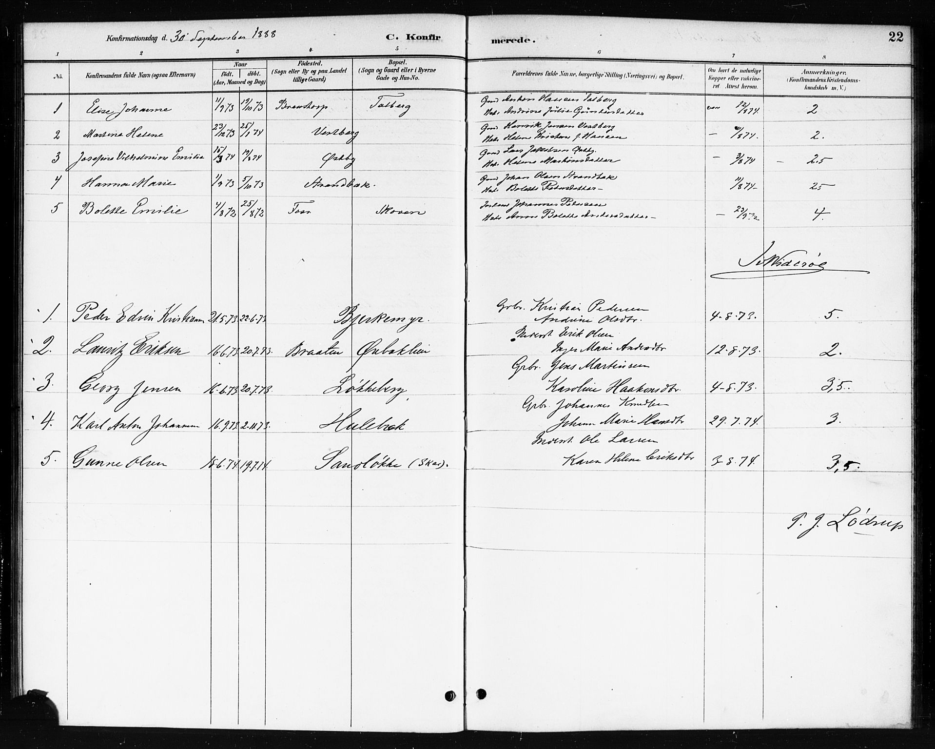 Skjeberg prestekontor Kirkebøker, SAO/A-10923/F/Fb/L0001: Parish register (official) no. II 1, 1886-1894, p. 22