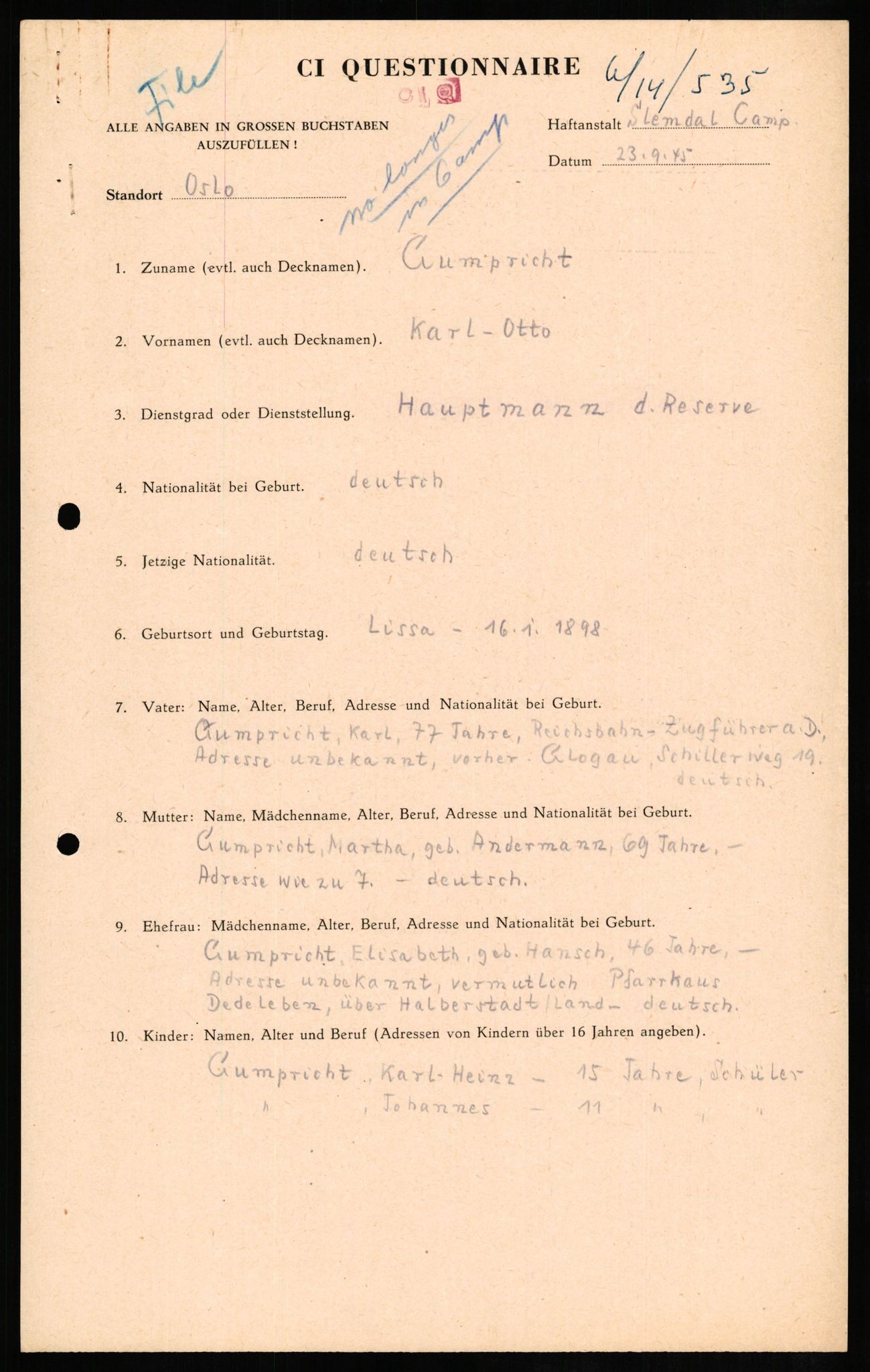 Forsvaret, Forsvarets overkommando II, RA/RAFA-3915/D/Db/L0010: CI Questionaires. Tyske okkupasjonsstyrker i Norge. Tyskere., 1945-1946, p. 638