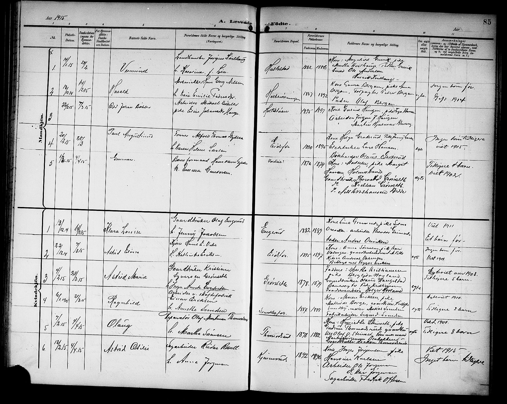 Hof kirkebøker, SAKO/A-64/G/Ga/L0005: Parish register (copy) no. I 5, 1899-1922, p. 85